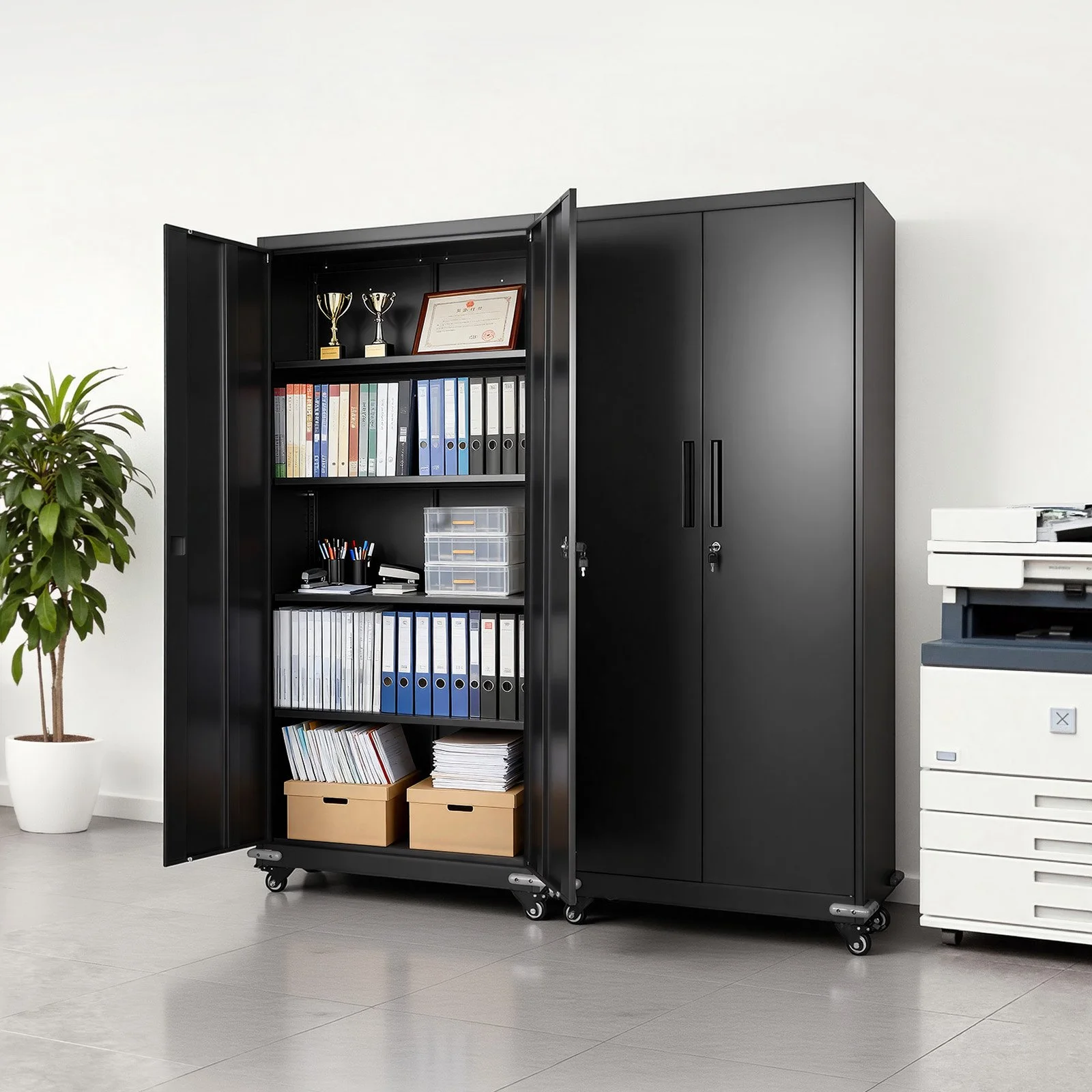 Metal Storage Cabinet, 72.6 in Rolling Steel Garage Cabinet with 4 Adjustable Shelves, 2 Magnetic Doors & 2 Keys, 5 Tiers Lockable Tool Storage for Pantry, Warehouse, Basement, Office, Black - Image 9