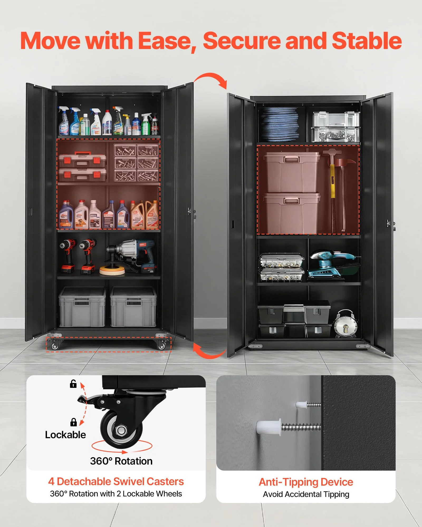 Metal Storage Cabinet, 72.6 in Rolling Steel Garage Cabinet with 4 Adjustable Shelves, 2 Magnetic Doors & 2 Keys, 5 Tiers Lockable Tool Storage for Pantry, Warehouse, Basement, Office, Black - Image 5