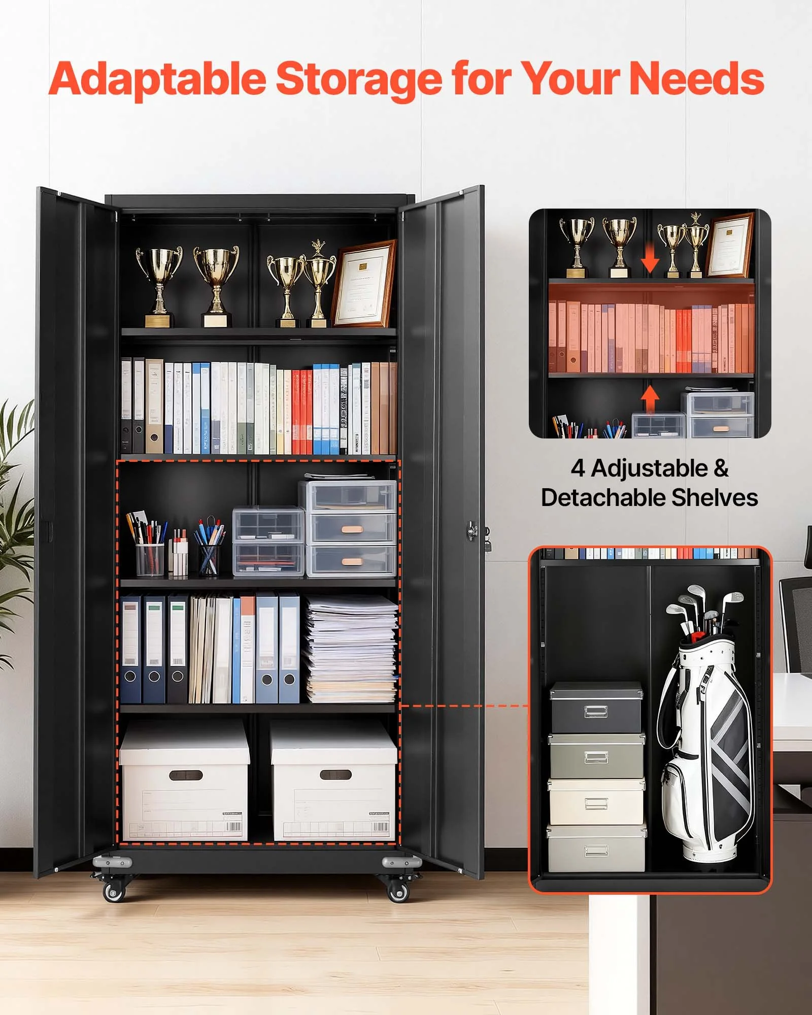 Metal Storage Cabinet, 72.6 in Rolling Steel Garage Cabinet with 4 Adjustable Shelves, 2 Magnetic Doors & 2 Keys, 5 Tiers Lockable Tool Storage for Pantry, Warehouse, Basement, Office, Black - Image 4