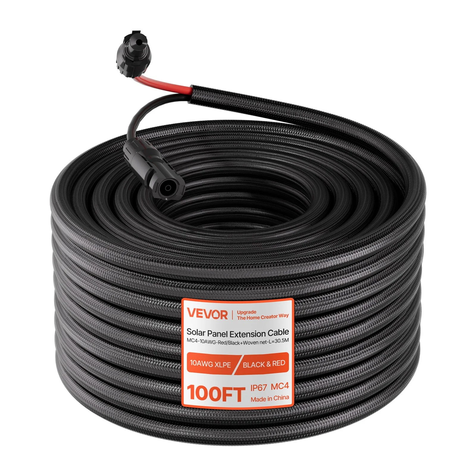 100FT Solar Panel Extension Cable, 10 AWG, Solar Panel Wire with Flame Retardant Protective Sleeving, Female and Male Connectors, IP67 Waterproof PV Wire, for Outdoor Automotive RV, Black & Red