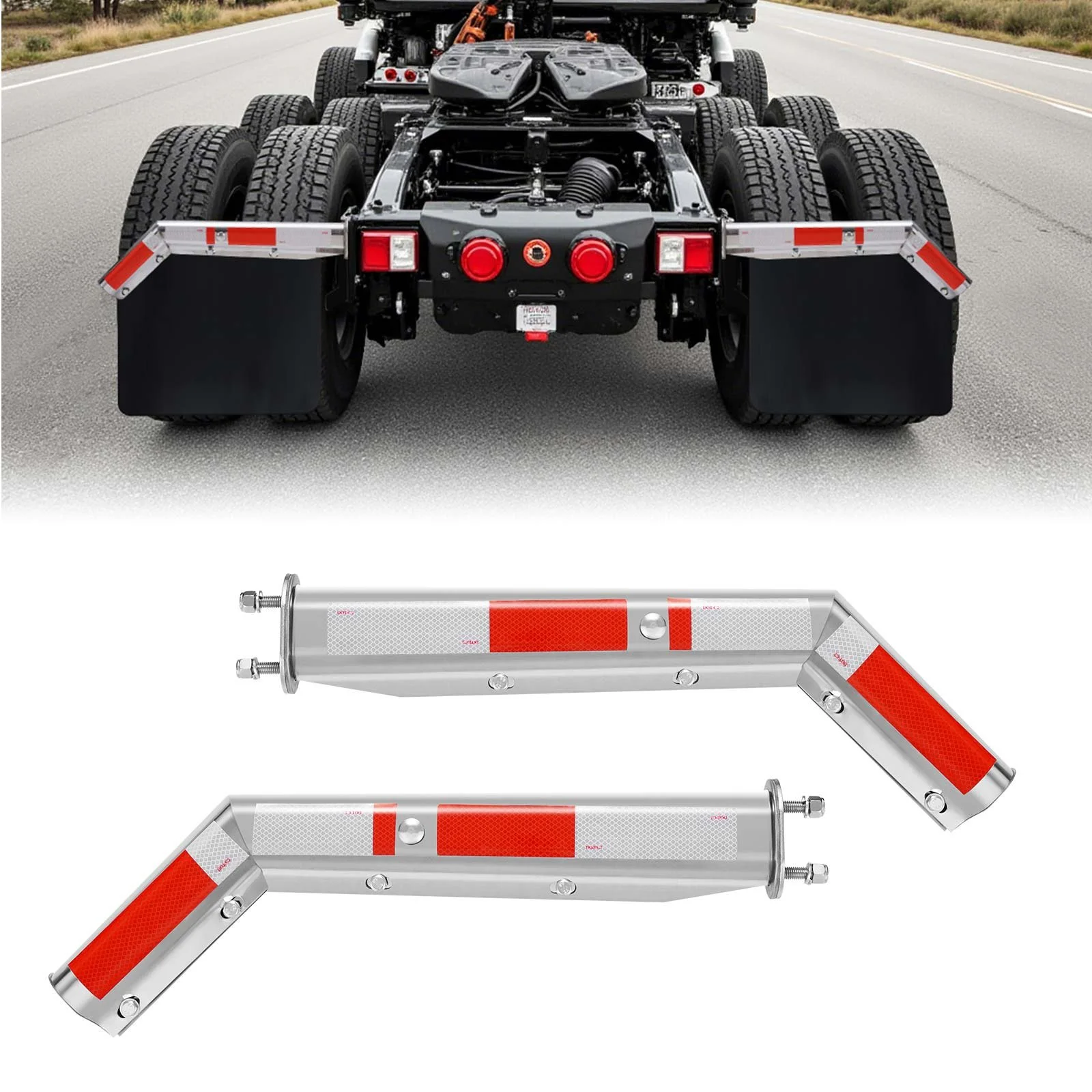 Stainless Steel Angled Spring Loaded Mud Flap Hangers, 2-1/2" Bolt Spacing Mudflap Hangers for Semi Trucks, 1 Pair Heavy Duty Semi Truck Mud Flap Hanger Set with Reflective Strips, Silver