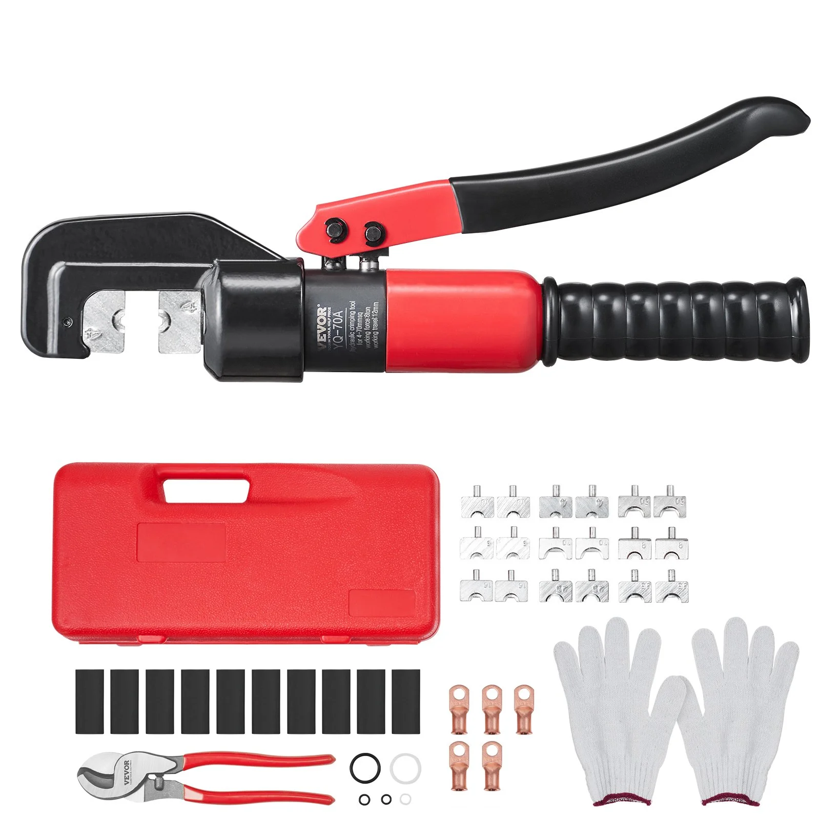 Hydraulic Crimping Tool with 9 Sets of  Dies AWG12-2/0 Copper And Aluminum Terminal Battery Lug Crimper, with a Cutting Pliers, Gloves, 5pcs Copper Ring Connectors, 8pcs Heat Shrink Sleeves
