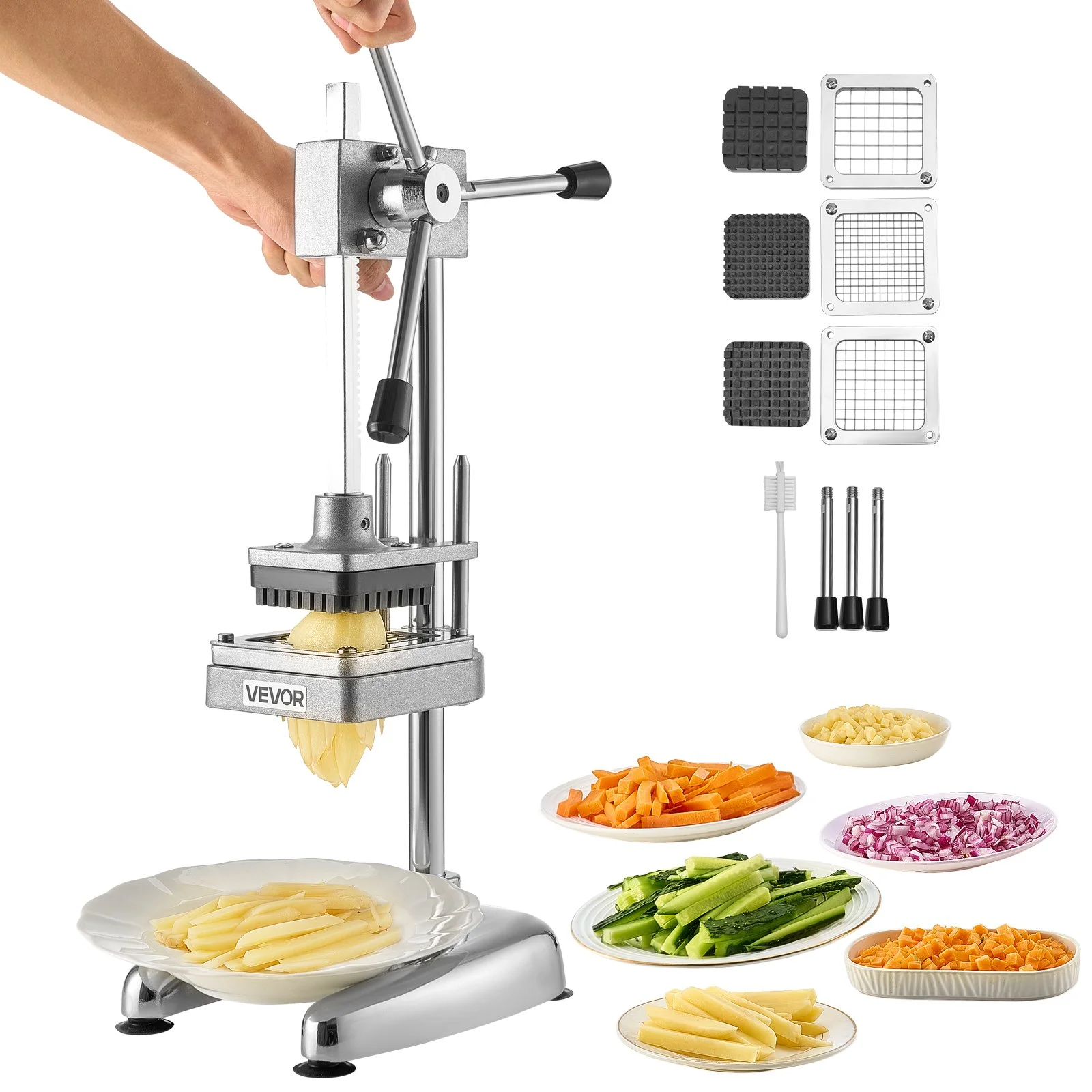 Commercial French Fry Cutter, Stainless Steel Vegetable Fruit Chopper with 3 Replacement Blades 1/2-Inch 3/8-Inch 1/4-Inch, Manual Potato Slicer Dicer for Restaurants & Home Kitchen