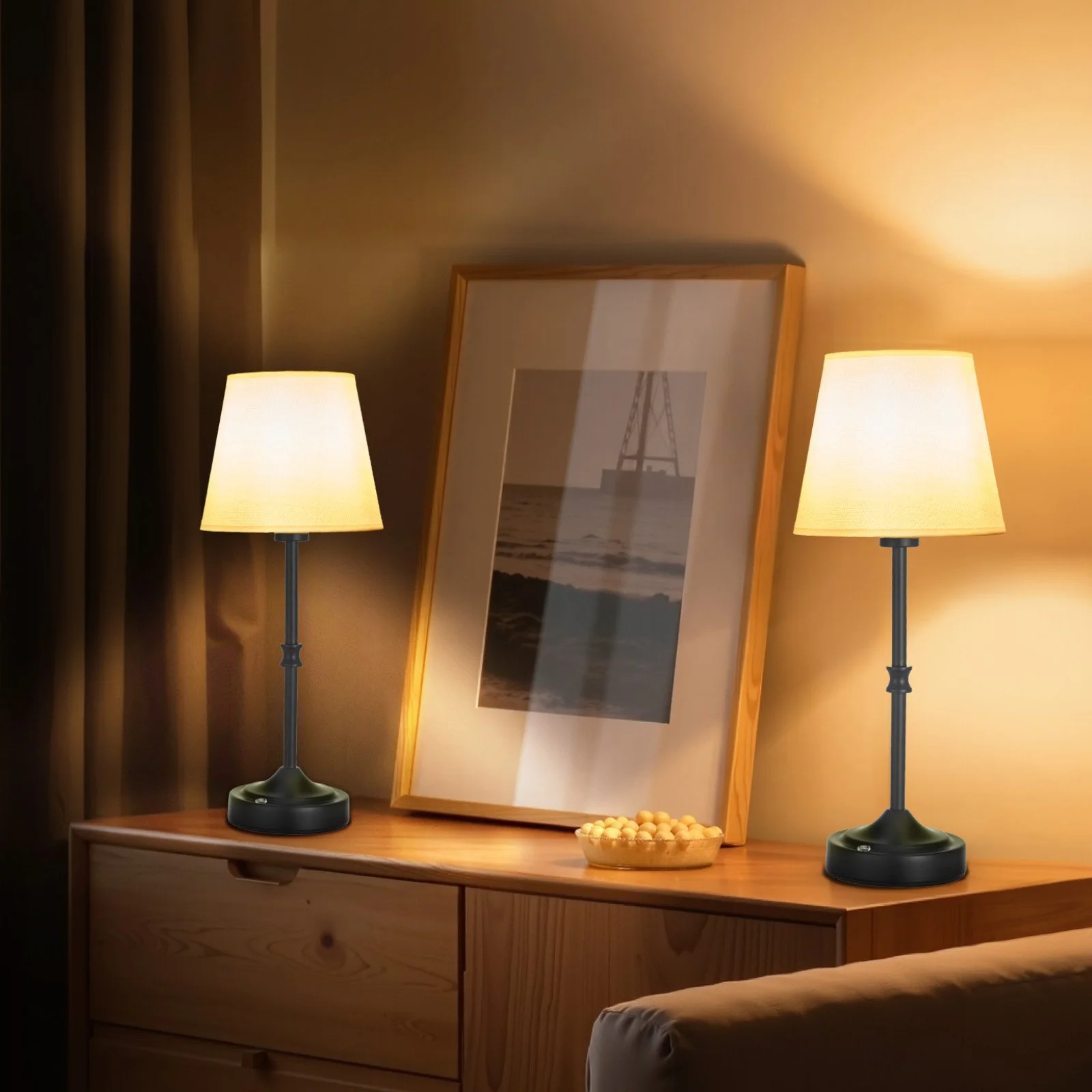 Cordless Table Lamp, 2 Pack, 5200mAh Built-in Rechargeable Battery Desk Lamp, 3-Level Brightness, Fabric Shade, 2700-3000K Color Temperature, Table Light for Restaurant, Bedroom, Bars, Black