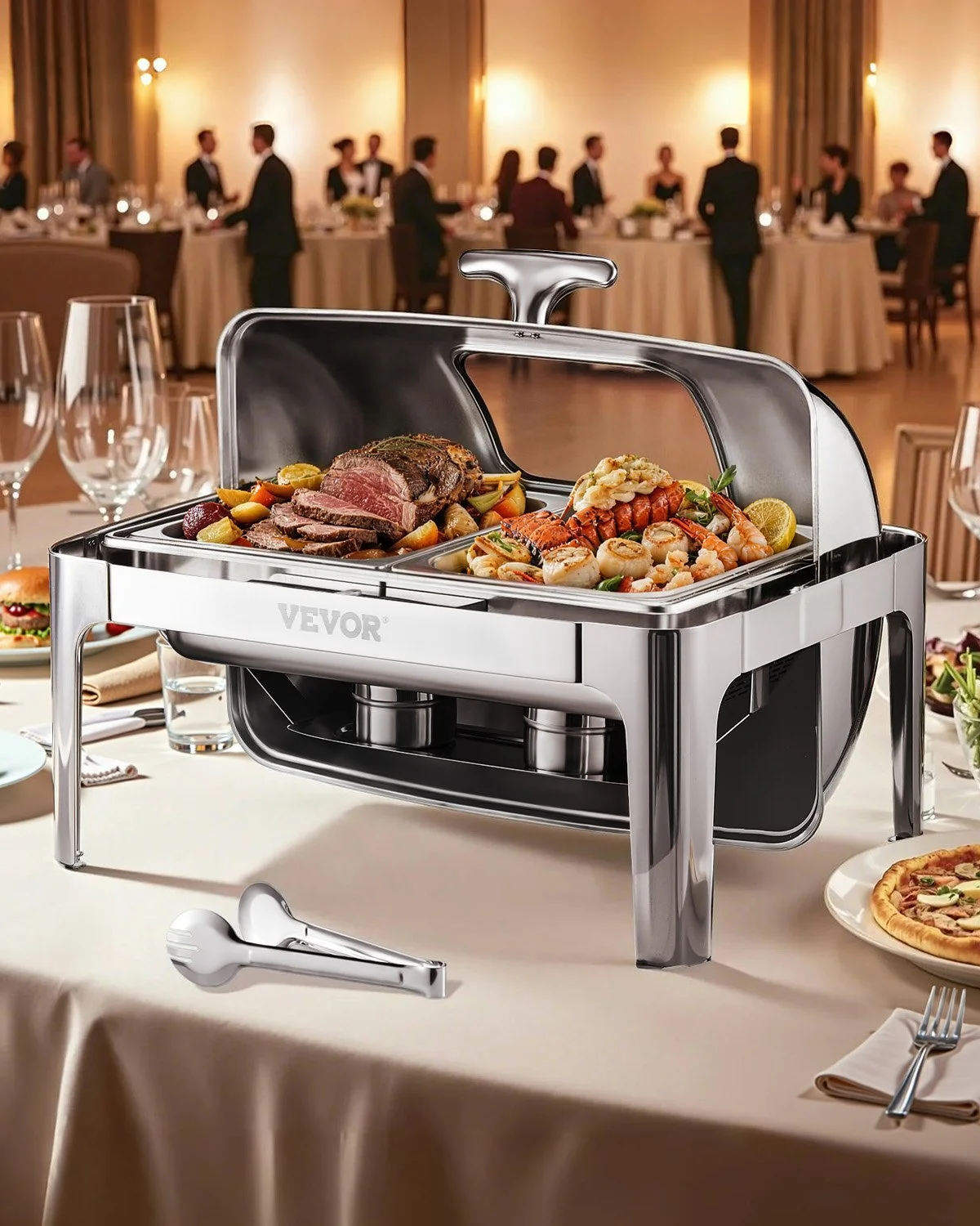 Roll Top Chafing Dish Buffet Complete Set, 9 Qt 1 Pack Stainless Steel Chafer with 2 Half Size Pans, Rectangle Catering Warmer Server with Visible Lid Water Pan Folding Stand Fuel Holder, Silver