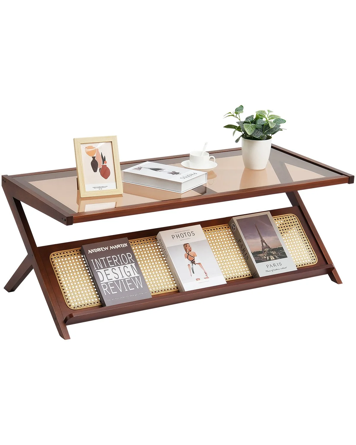 Rattan Coffee Table, Z-Shaped Rattan Woven Bamboo Coffee Table with Tempered Glass Top, 47" Modern Boho Storage Coffee Table with Natural Bamboo Legs, for Living Room, Bedroom & Small Spaces