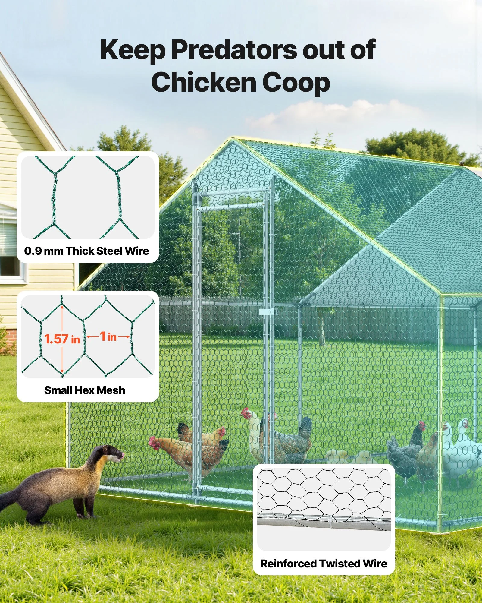 Metal Chicken Coop, 9.8x13.1x6.5 ft Large Walk-in Chicken Runs with Cover, Spire Roof Hen House Enclosure with Security Lock, Outdoor Duck Rabbit Cage Poultry Pen for Backyard, Farm, Yard - Image 11