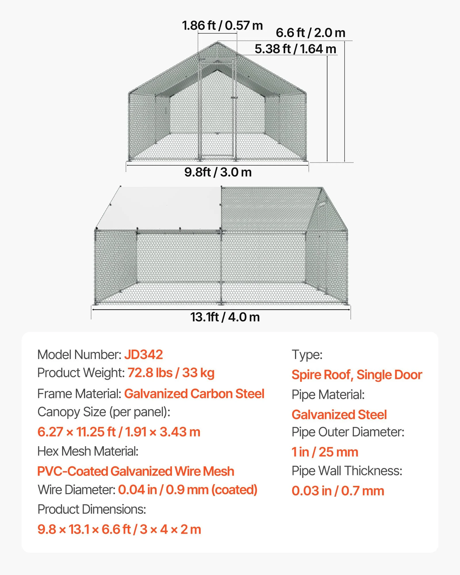 Metal Chicken Coop, 9.8x13.1x6.5 ft Large Walk-in Chicken Runs with Cover, Spire Roof Hen House Enclosure with Security Lock, Outdoor Duck Rabbit Cage Poultry Pen for Backyard, Farm, Yard - Image 5