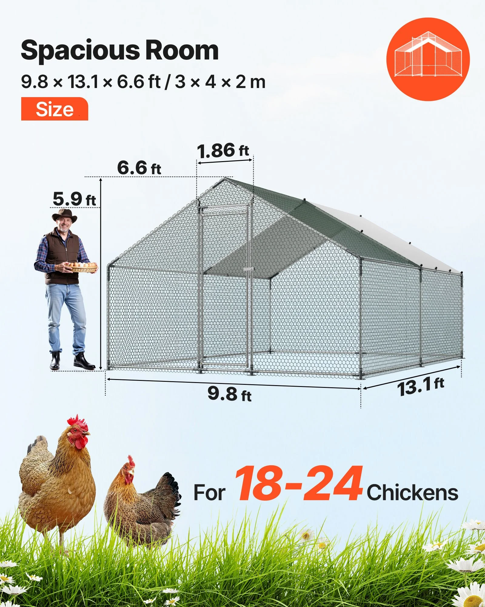 Metal Chicken Coop, 9.8x13.1x6.5 ft Large Walk-in Chicken Runs with Cover, Spire Roof Hen House Enclosure with Security Lock, Outdoor Duck Rabbit Cage Poultry Pen for Backyard, Farm, Yard - Image 9