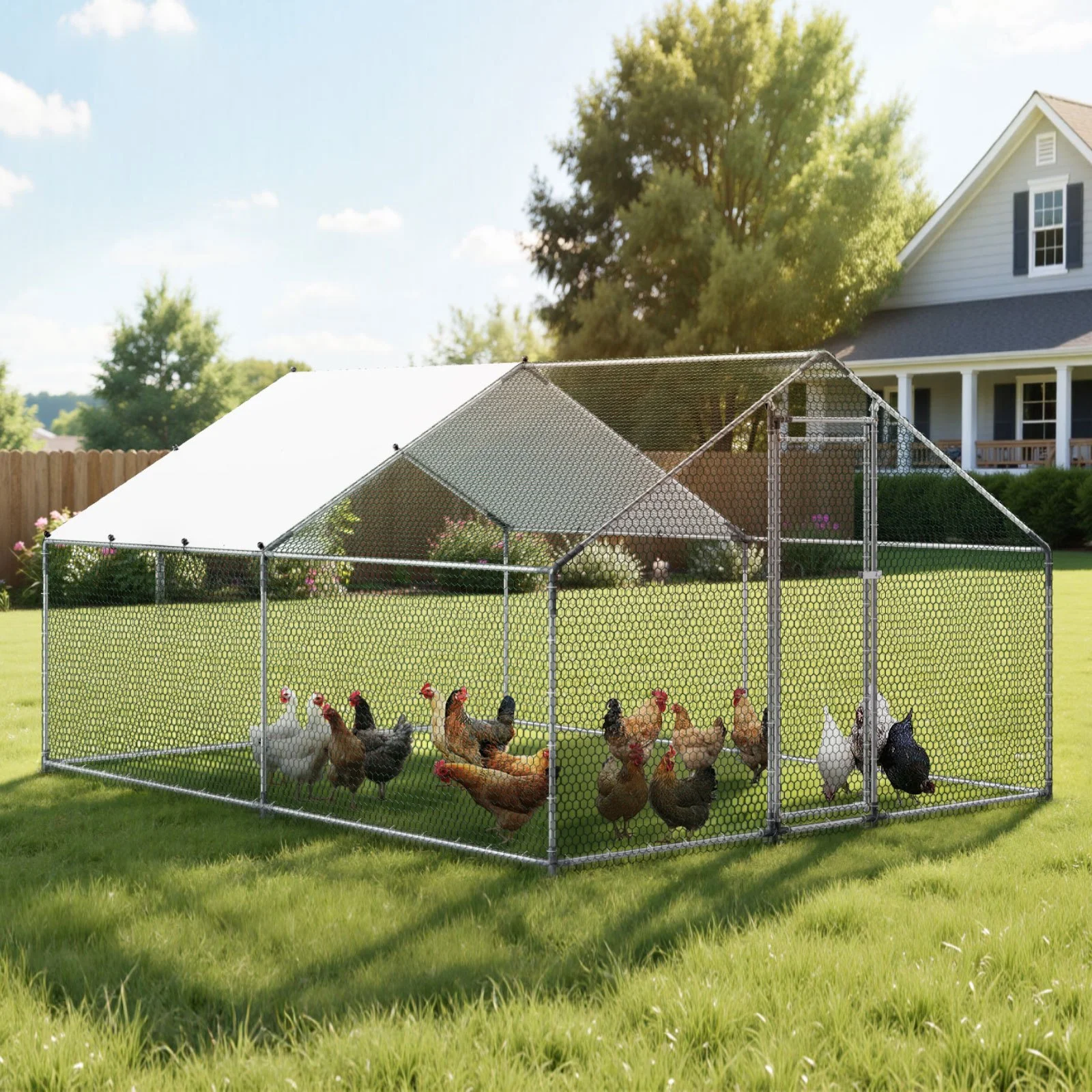 Metal Chicken Coop, 9.8x13.1x6.5 ft Large Walk-in Chicken Runs with Cover, Spire Roof Hen House Enclosure with Security Lock, Outdoor Duck Rabbit Cage Poultry Pen for Backyard, Farm, Yard - Image 6
