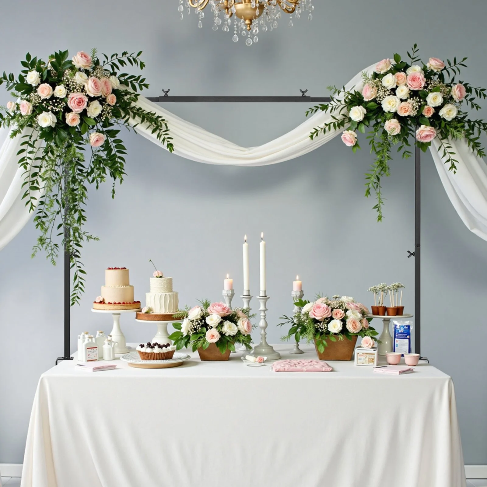 Over The Table Rod Stand with Clamps, 13"-42" Tall & 28"-98" Length Adjustable, Metal Table Arch Stand, Tabletop Balloon Arch Frame for Wedding Birthday Party Christmas Decorations, Black