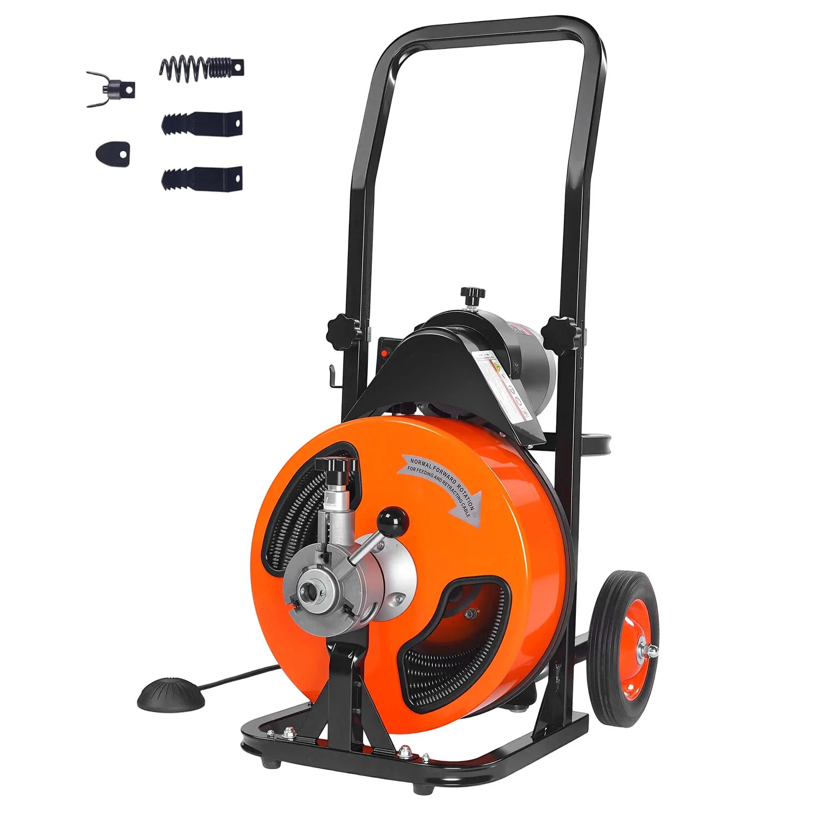 Drain Cleaning Machine 100FT x 3/8 Inch, Sewer Snake Machine Auto Feed, Drain Auger Cleaner with 4 Cutter & Air-Activated Foot Switch for 1" to 4" Pipes
