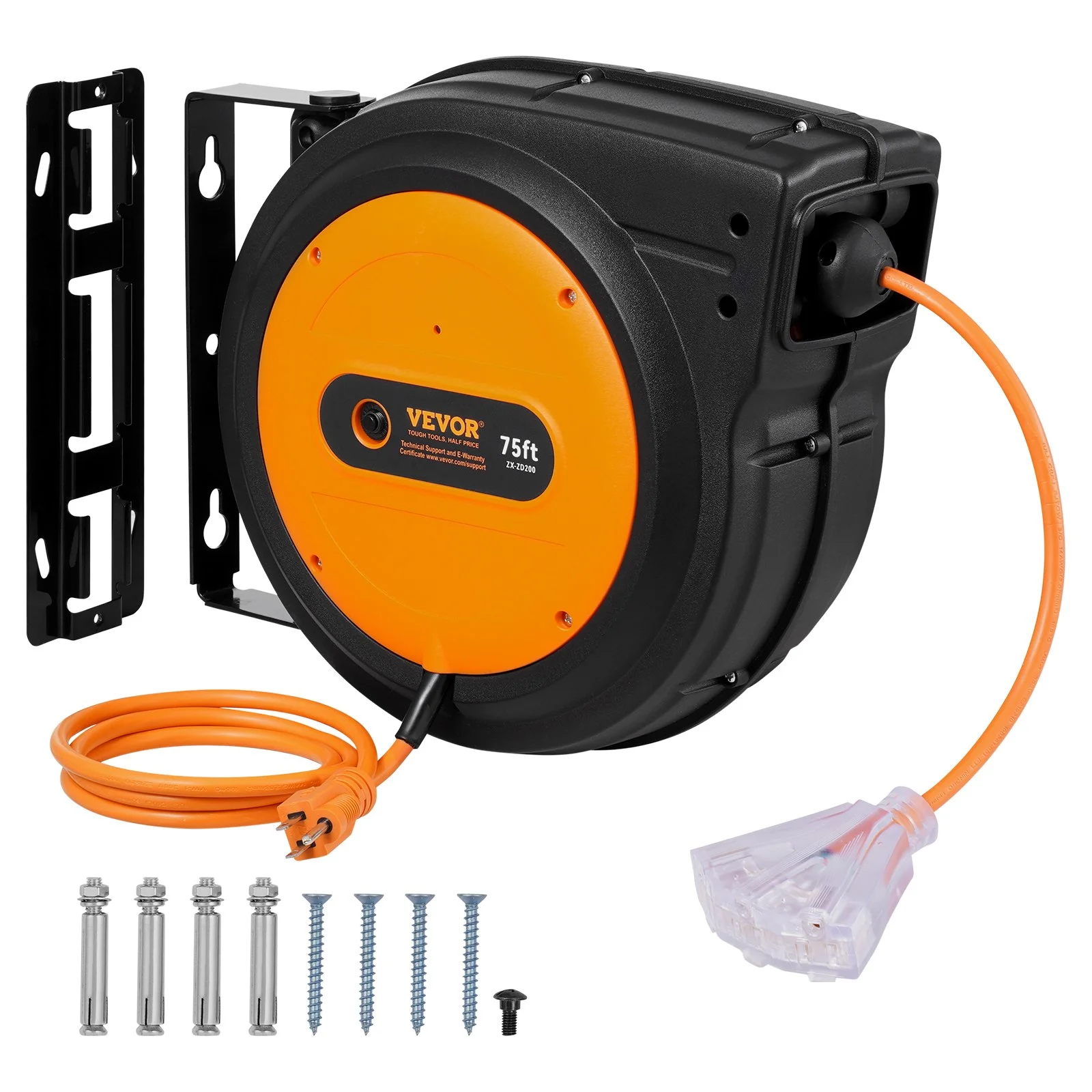 Retractable Extension Cord Reel, 75 FT, Heavy Duty 14AWG/3C SJTOW Retractable Power Cord with Lighted Triple Tap Outlet, 13 Amp Circuit Breaker 180° Swivel Bracket for Ceiling or Wall Mount