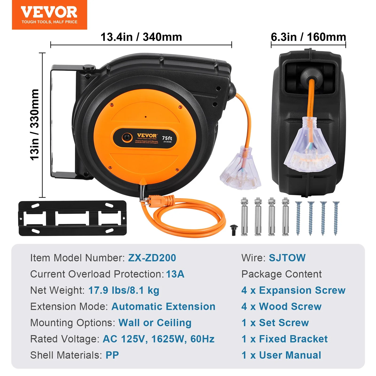 Retractable Extension Cord Reel, 75 FT, Heavy Duty 14AWG/3C SJTOW Retractable Power Cord with Lighted Triple Tap Outlet, 13 Amp Circuit Breaker 180° Swivel Bracket for Ceiling or Wall Mount - Image 3