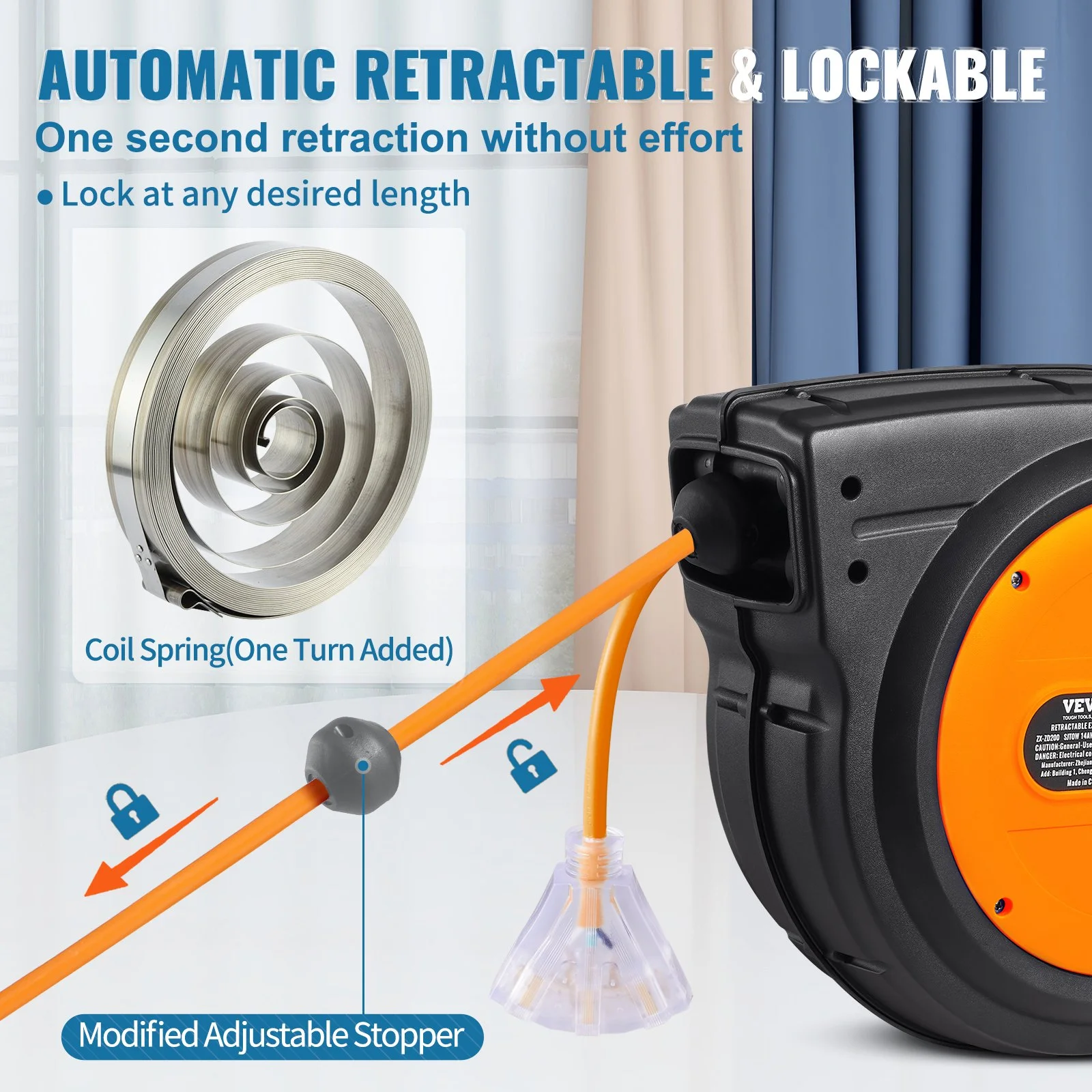 Retractable Extension Cord Reel, 75 FT, Heavy Duty 14AWG/3C SJTOW Retractable Power Cord with Lighted Triple Tap Outlet, 13 Amp Circuit Breaker 180° Swivel Bracket for Ceiling or Wall Mount - Image 9
