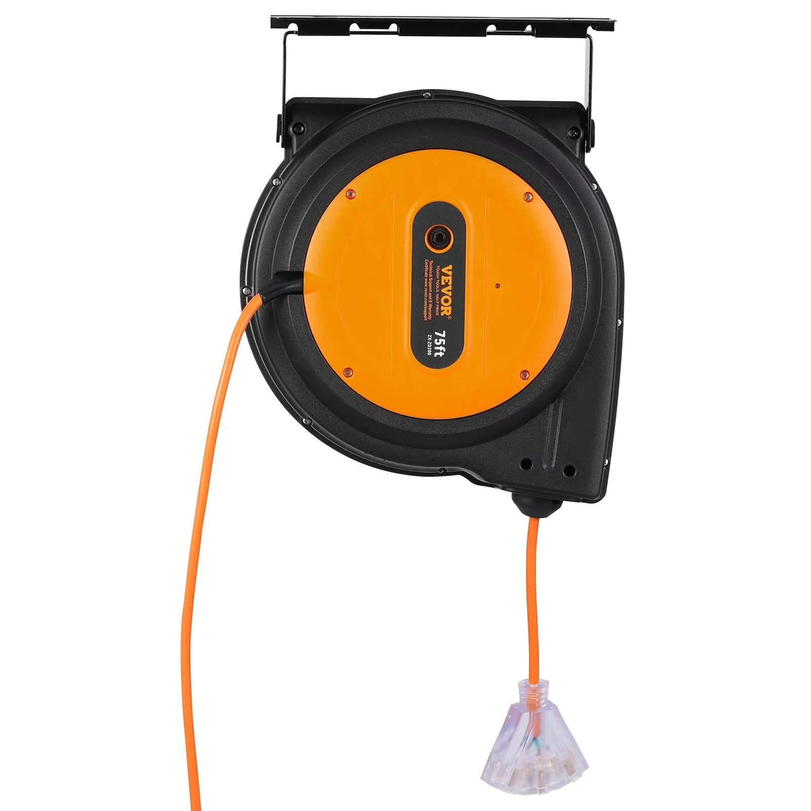 Retractable Extension Cord Reel, 75 FT, Heavy Duty 14AWG/3C SJTOW Retractable Power Cord with Lighted Triple Tap Outlet, 13 Amp Circuit Breaker 180° Swivel Bracket for Ceiling or Wall Mount - Image 12