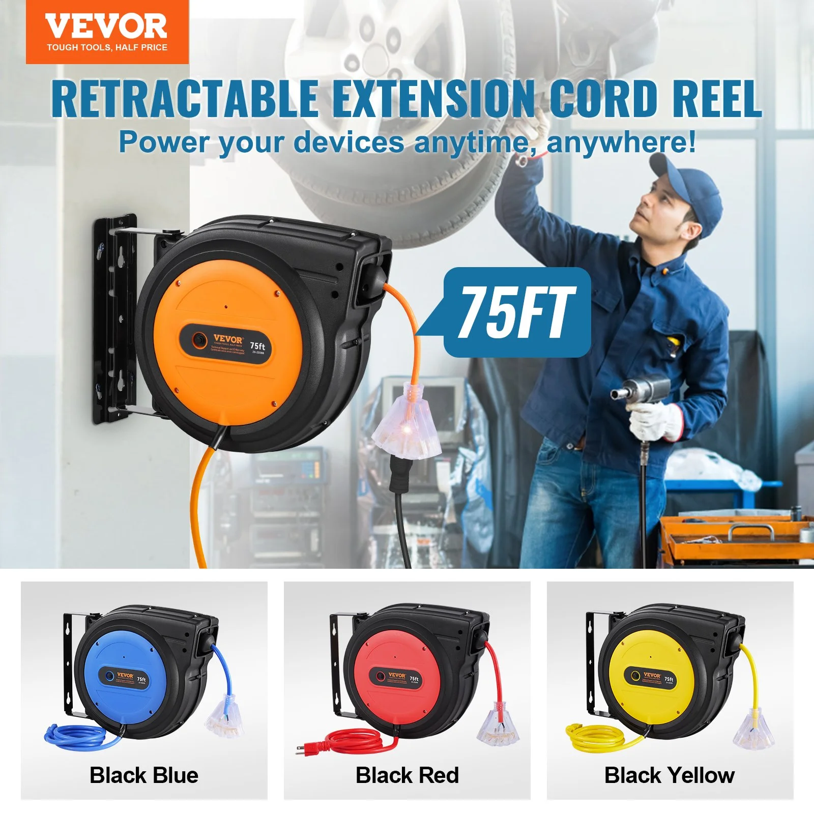 Retractable Extension Cord Reel, 75 FT, Heavy Duty 14AWG/3C SJTOW Retractable Power Cord with Lighted Triple Tap Outlet, 13 Amp Circuit Breaker 180° Swivel Bracket for Ceiling or Wall Mount - Image 6