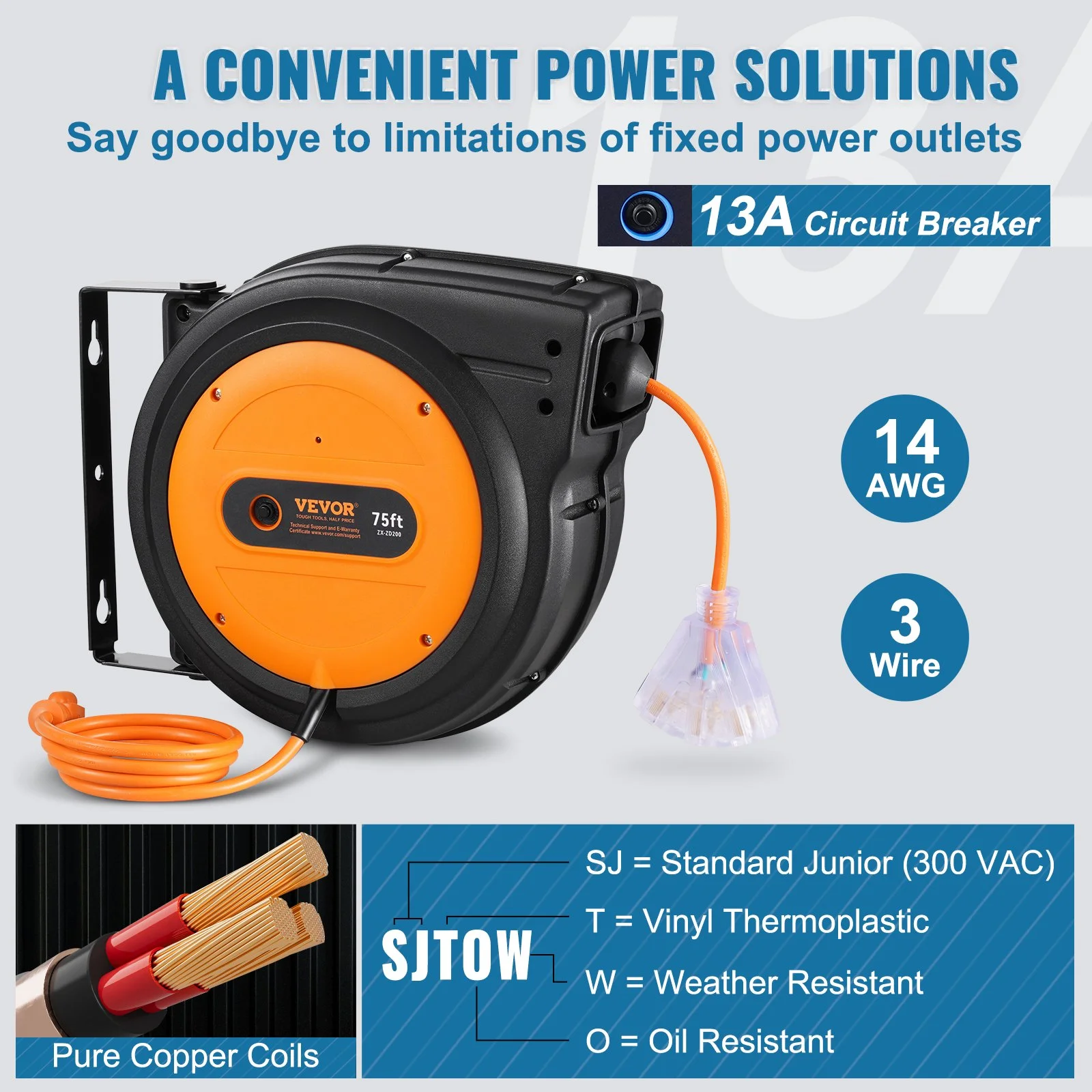 Retractable Extension Cord Reel, 75 FT, Heavy Duty 14AWG/3C SJTOW Retractable Power Cord with Lighted Triple Tap Outlet, 13 Amp Circuit Breaker 180° Swivel Bracket for Ceiling or Wall Mount - Image 8