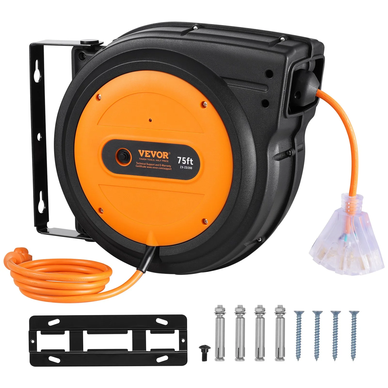 Retractable Extension Cord Reel, 75 FT, Heavy Duty 14AWG/3C SJTOW Retractable Power Cord with Lighted Triple Tap Outlet, 13 Amp Circuit Breaker 180° Swivel Bracket for Ceiling or Wall Mount - Image 5