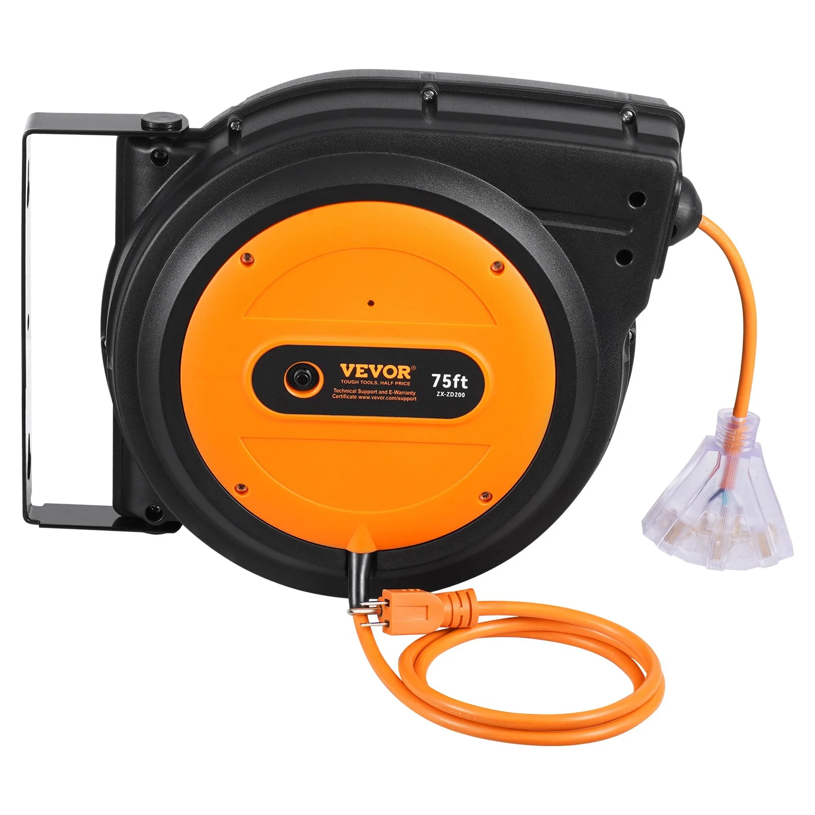 Retractable Extension Cord Reel, 75 FT, Heavy Duty 14AWG/3C SJTOW Retractable Power Cord with Lighted Triple Tap Outlet, 13 Amp Circuit Breaker 180° Swivel Bracket for Ceiling or Wall Mount - Image 10