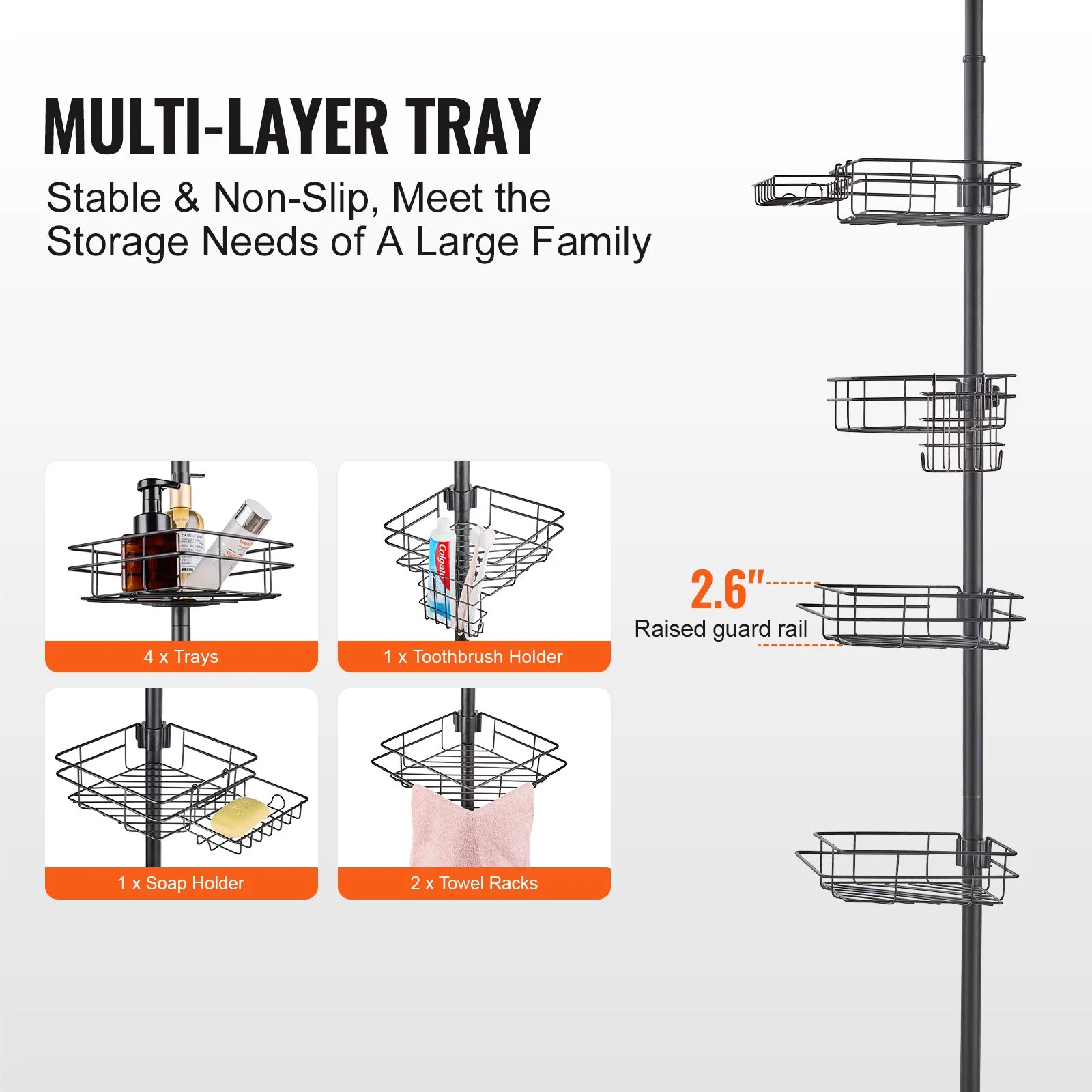 Shower Corner Caddy Tension Pole, 42" to 114" High, Multi-Functional Shower Tension Pole with Strong Load-Bearing Tray, Rust-Proof Easy-to-Install Tension Pole, Fit for Bathroom & Washroom - Image 4
