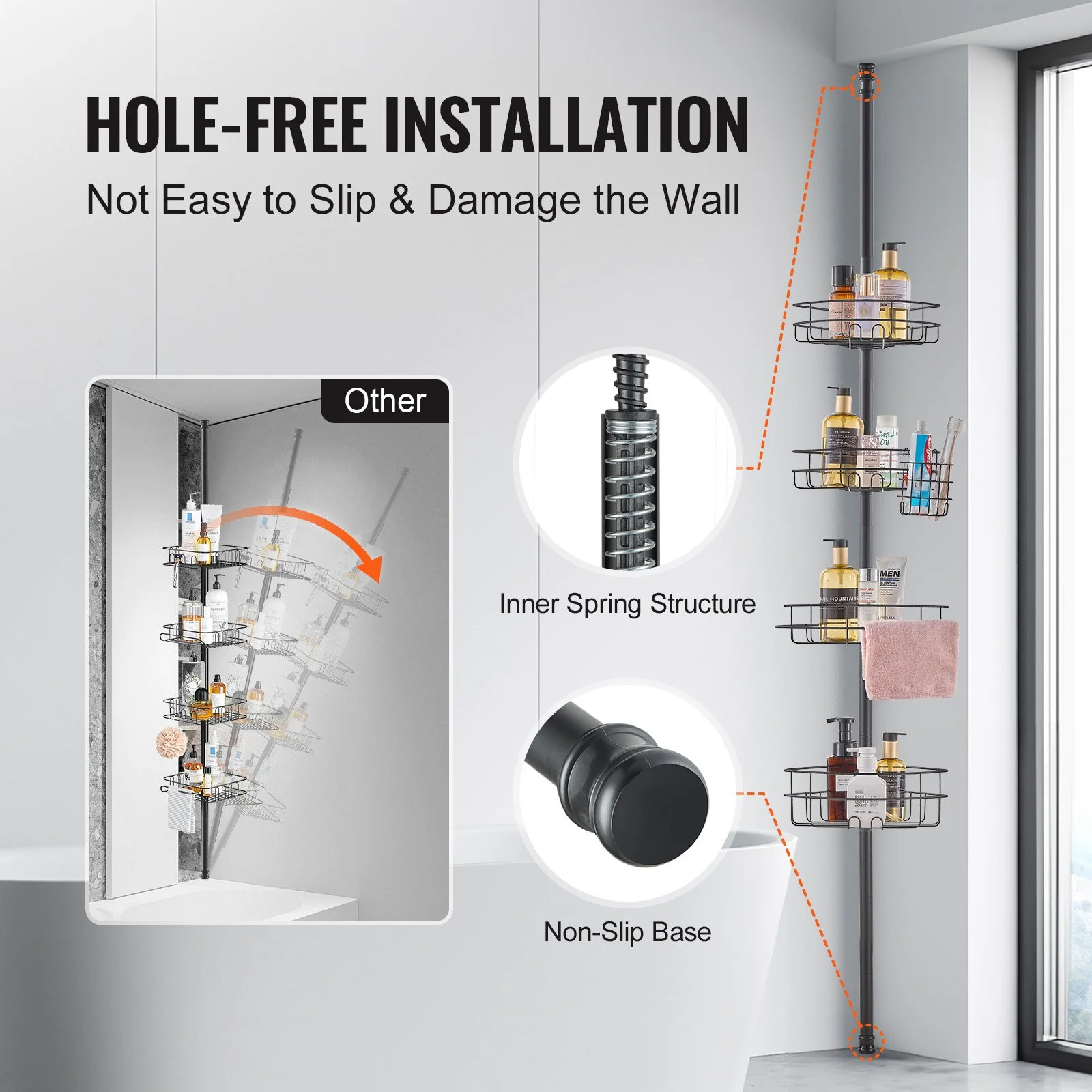 Shower Corner Caddy Tension Pole, 42" to 114" High, Multi-Functional Shower Tension Pole with Strong Load-Bearing Tray, Rust-Proof Easy-to-Install Tension Pole, Fit for Bathroom & Washroom - Image 6
