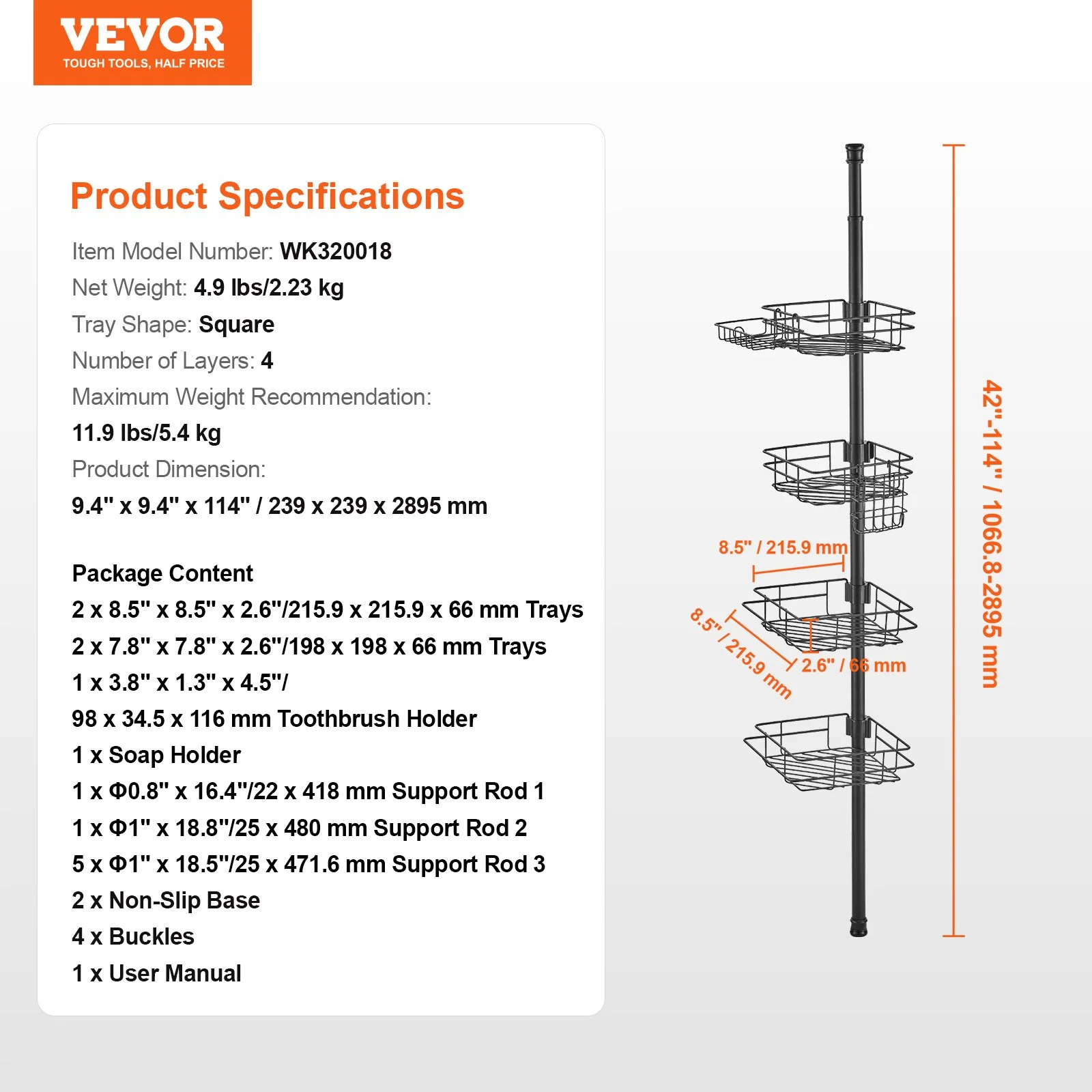 Shower Corner Caddy Tension Pole, 42" to 114" High, Multi-Functional Shower Tension Pole with Strong Load-Bearing Tray, Rust-Proof Easy-to-Install Tension Pole, Fit for Bathroom & Washroom - Image 8