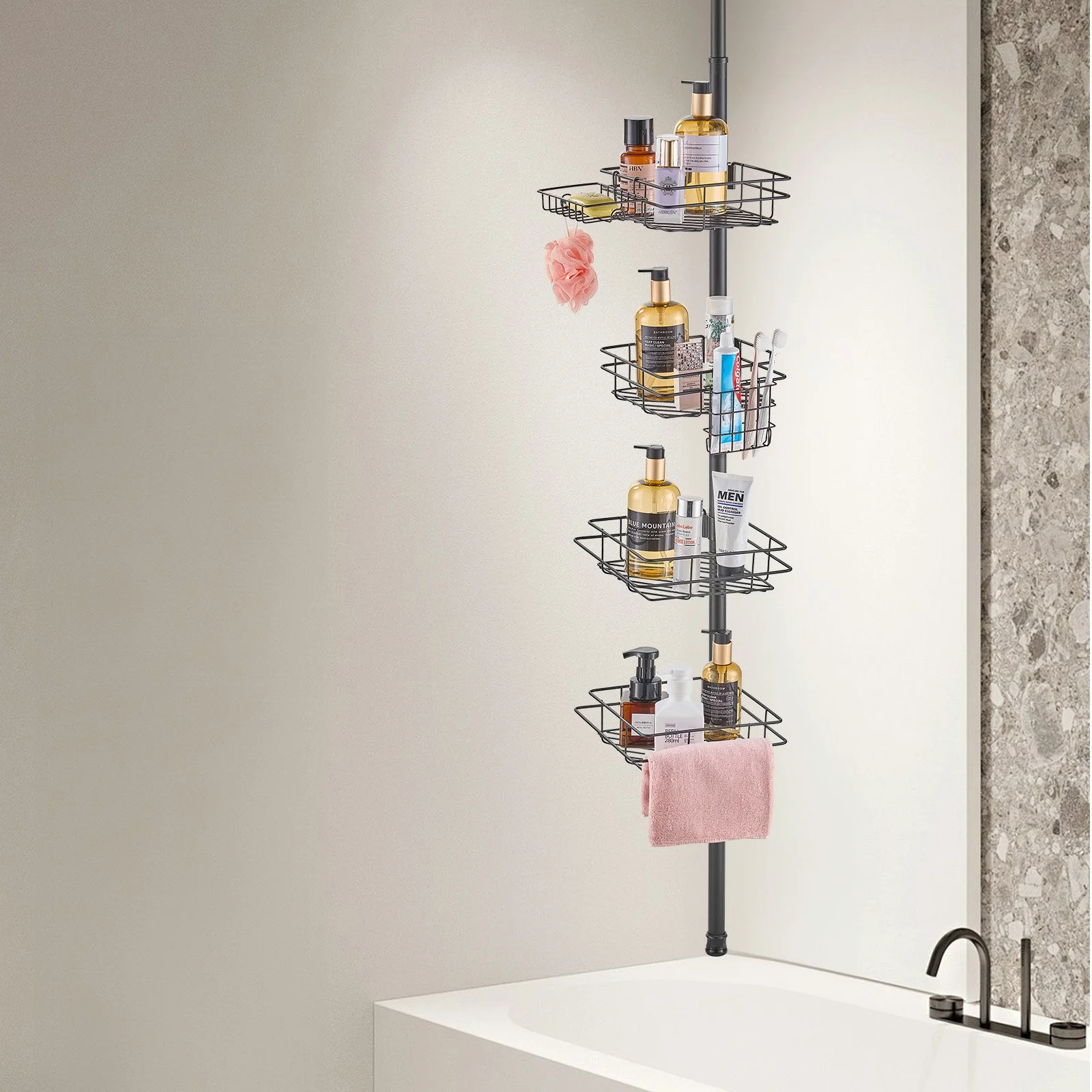 Shower Corner Caddy Tension Pole, 42" to 114" High, Multi-Functional Shower Tension Pole with Strong Load-Bearing Tray, Rust-Proof Easy-to-Install Tension Pole, Fit for Bathroom & Washroom - Image 10