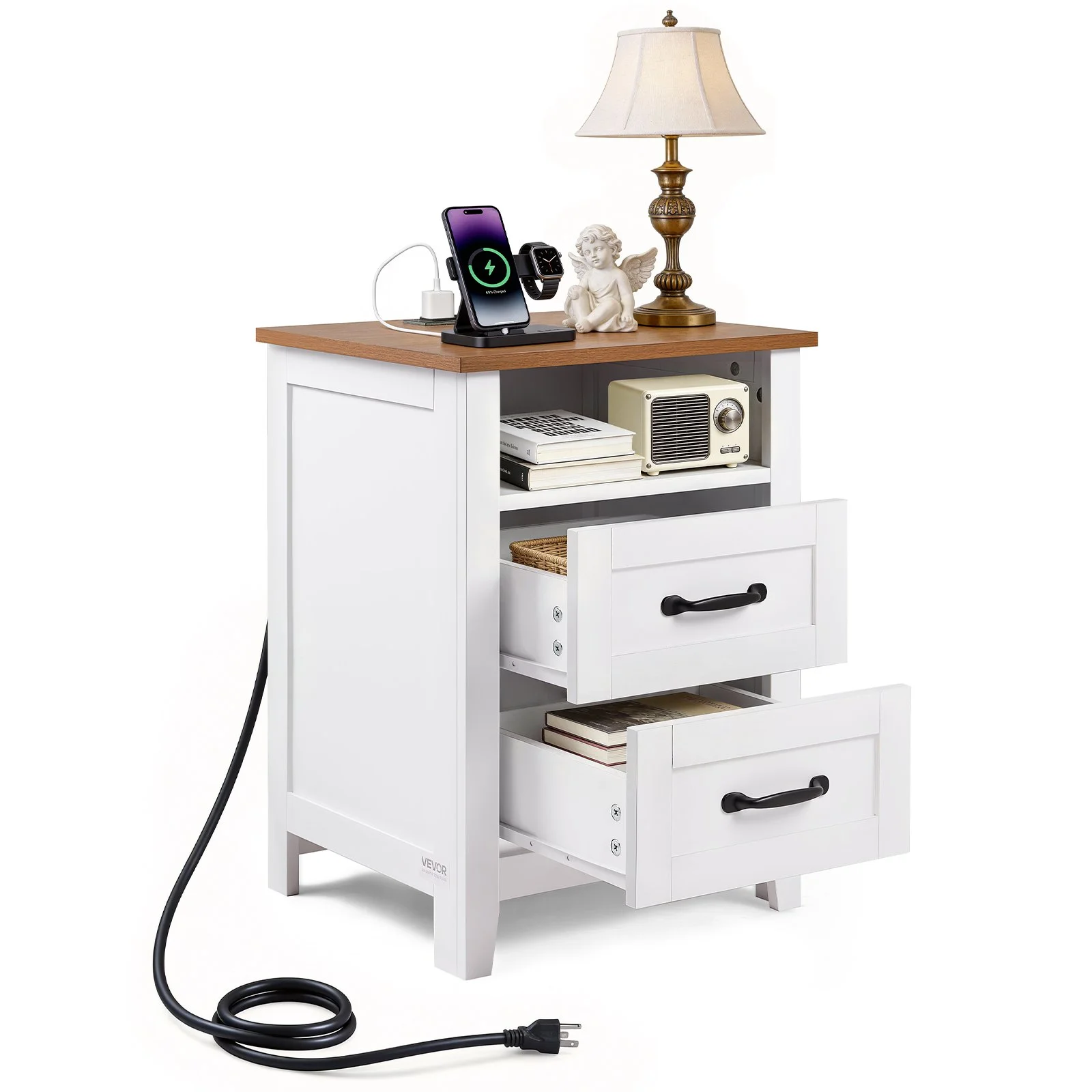 Farmhouse Nightstand, with Charging Station, End Table with 2 Drawers and Open Shelf, Bedside Storage Cabinet, Rustic Side Table with USB Port and AC Outlets, for Bedroom, Living Room, White