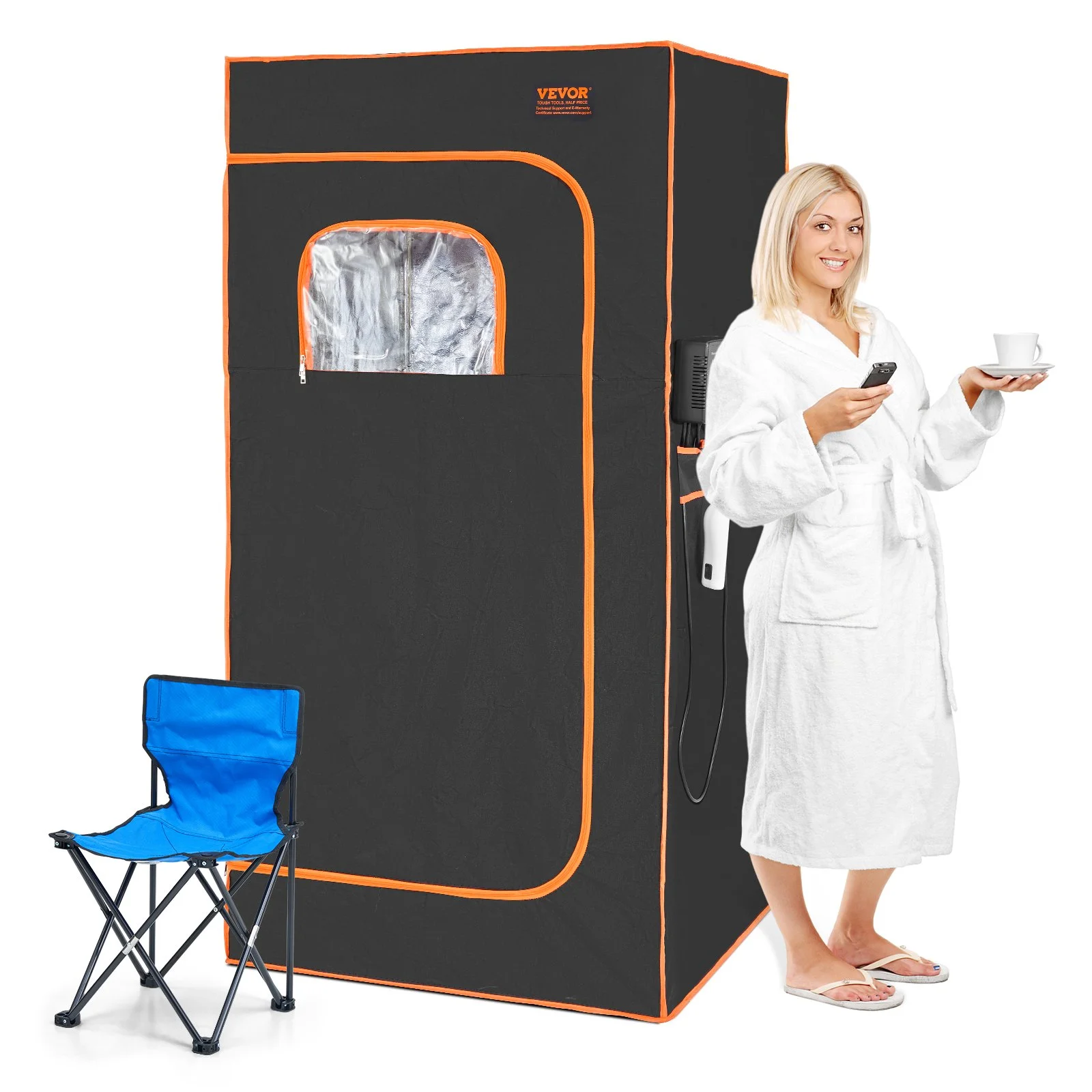 Portable Sauna Tent, 1400W Personal Sauna Kit for Home Spa, Detoxify & Soothing Infrared Heated Body Therapy, Time & Temperature Remote Control with Chair & Floor Mat, Black