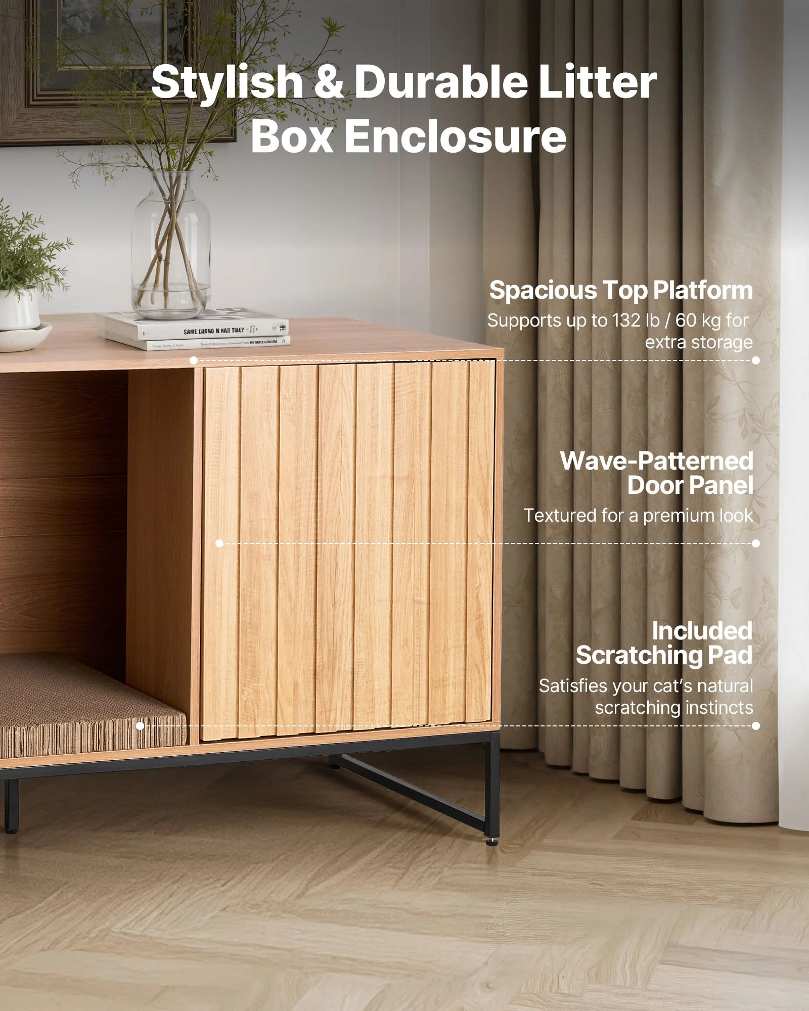 Cat Litter Box Enclosure Furniture, 47.2 in Hidden Litter Box Cabinet with Scratch Pad & Storage, Waterproof Cat Washroom End Table Cat House, Fit Most of Litterbox, for Bedroom Living Room - Image 8