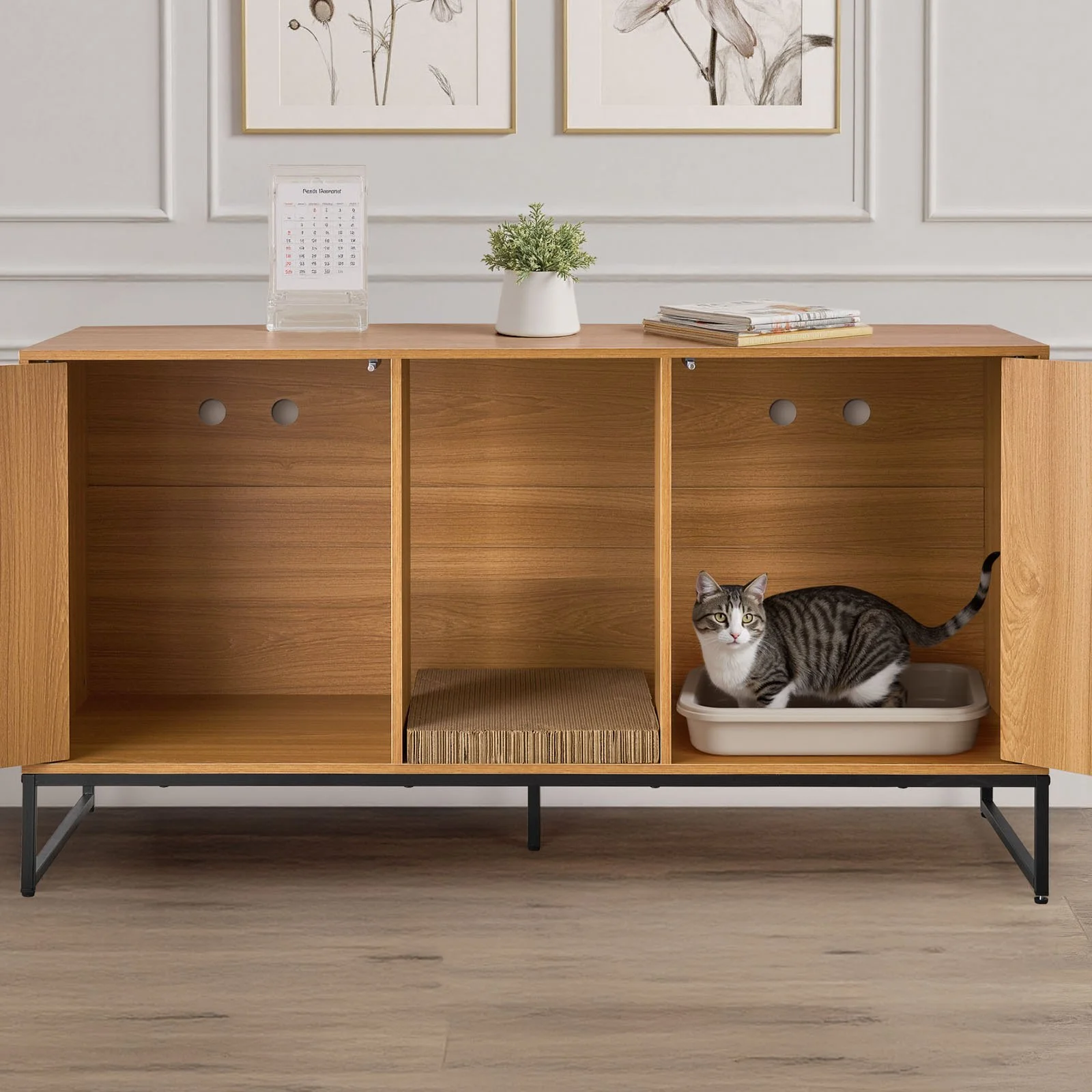 Cat Litter Box Enclosure Furniture, 47.2 in Hidden Litter Box Cabinet with Scratch Pad & Storage, Waterproof Cat Washroom End Table Cat House, Fit Most of Litterbox, for Bedroom Living Room - Image 11
