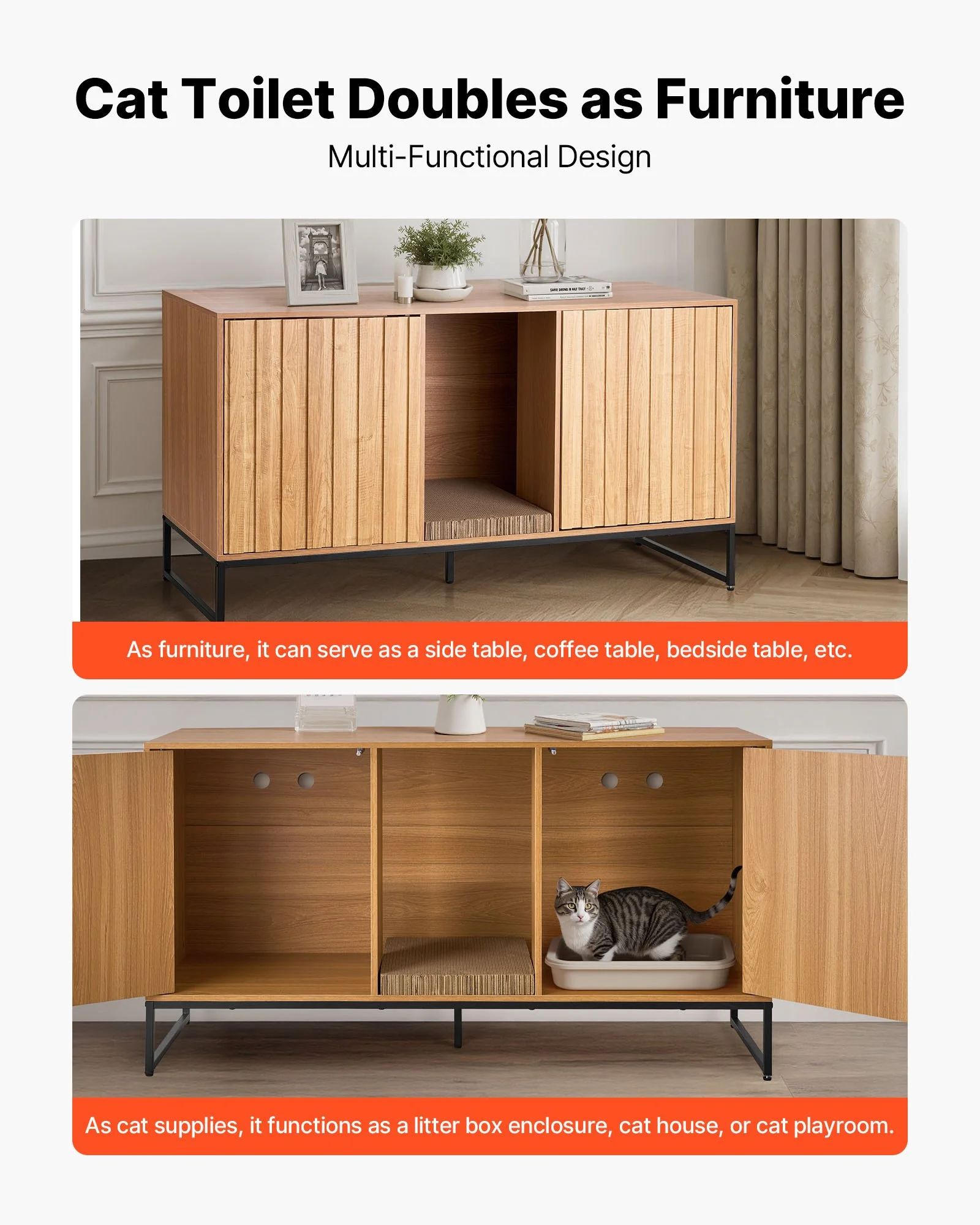 Cat Litter Box Enclosure Furniture, 47.2 in Hidden Litter Box Cabinet with Scratch Pad & Storage, Waterproof Cat Washroom End Table Cat House, Fit Most of Litterbox, for Bedroom Living Room - Image 9