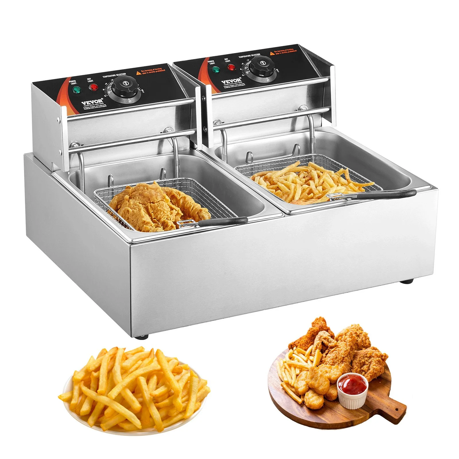 Commercial Deep Fryer, Dual Tank 3000W Electric Countertop Fryer with Basket, 2 x 9.1Qt/8.6L Double Stainless Steel Oil Fryer, with Temp Control & Overheat Protection, for Kitchen Restaurant Use