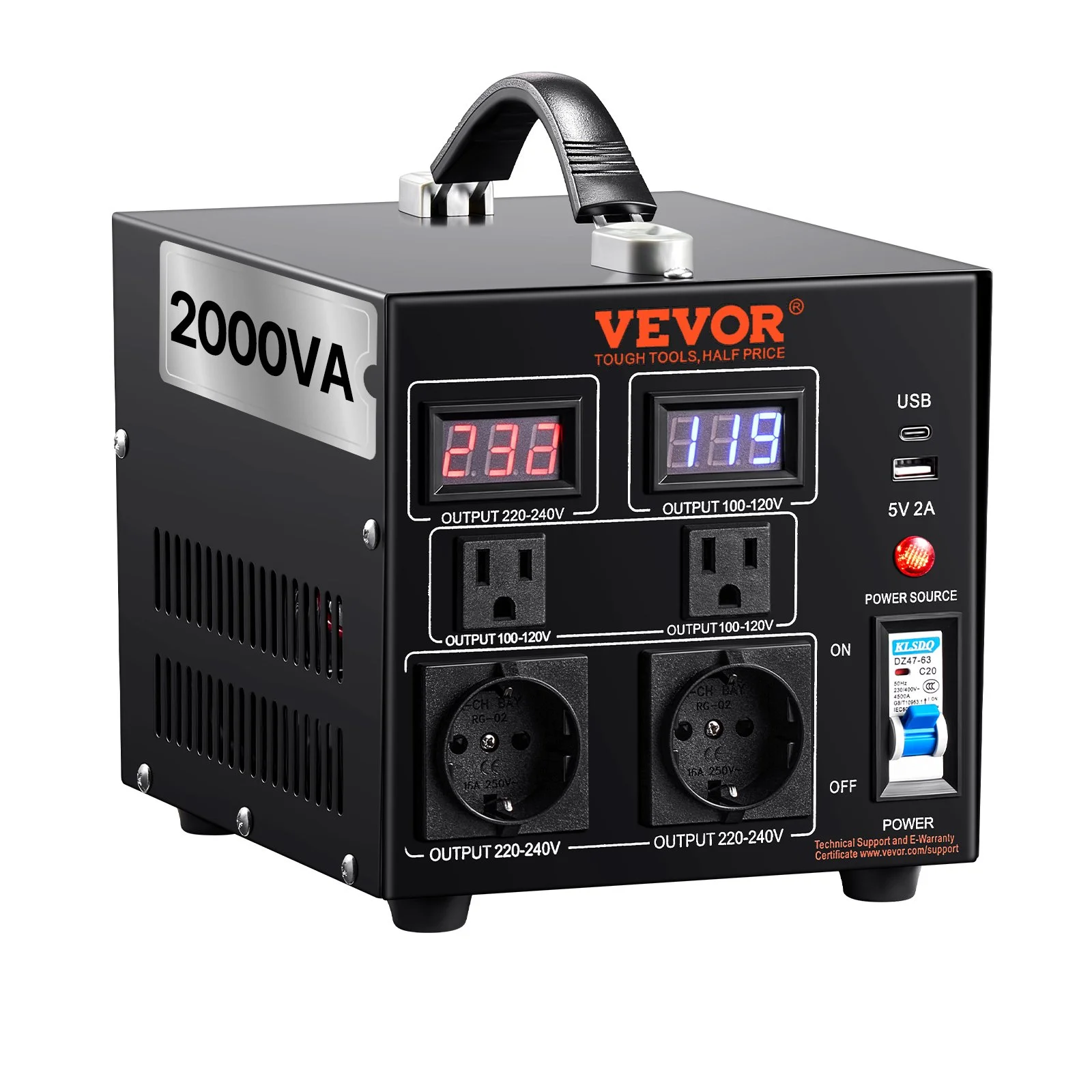 Voltage Converter Transformer, 2000W, Heavy Duty Step Up/Down Transformer, Convert from 110 Volt to 220 Volt and  from 220 Volt to 110 Volt, with US Outlet EU Outlet 5V USB Port, CE Certified