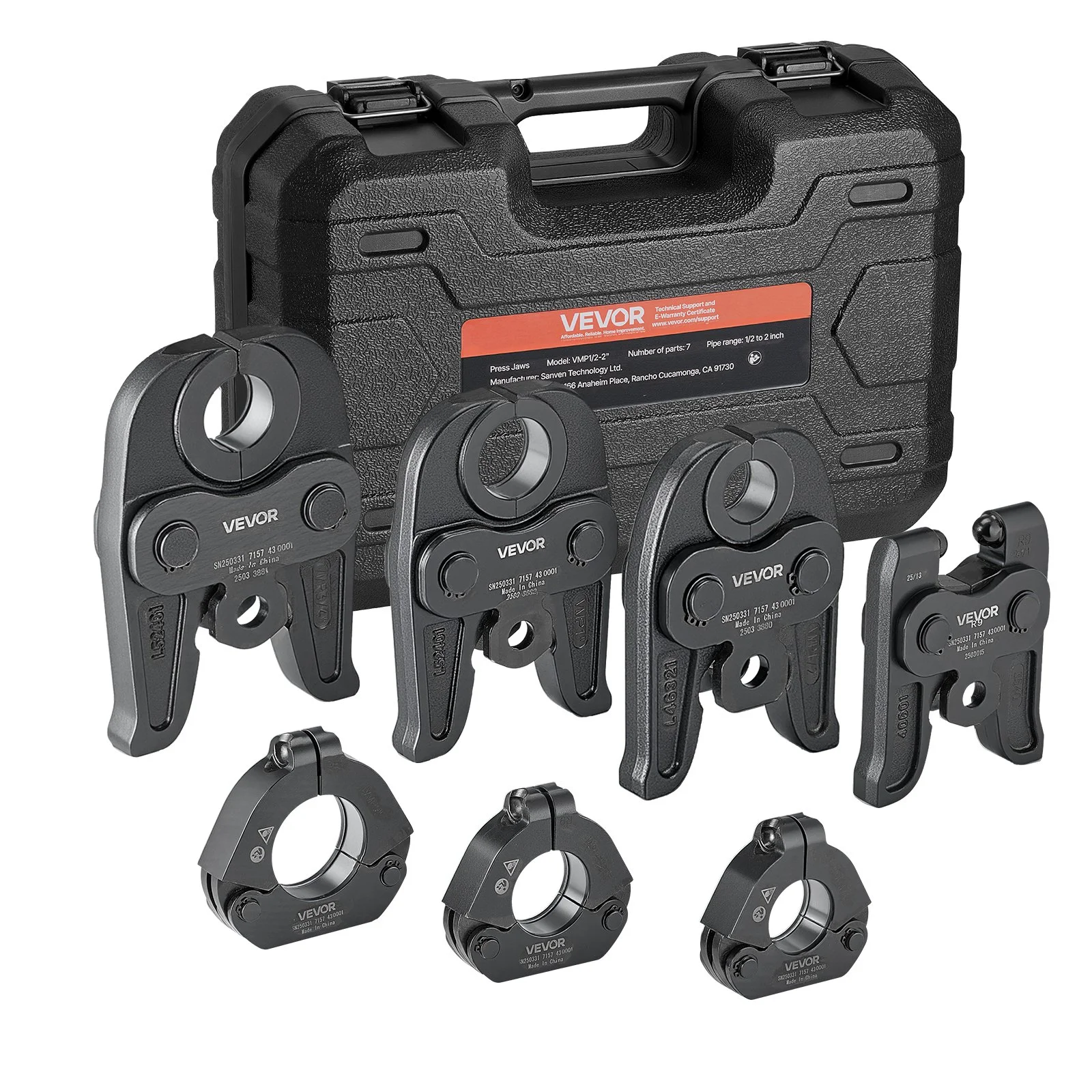7PCS MegaPress Pressing Kit 1/2" to 2" - 3PCS Press Jaws, 3PCS Press Rings, 1PCS Actuator for MegaPress Carbon Steel Pipes, Compatible with Standard Press Tools - with Case