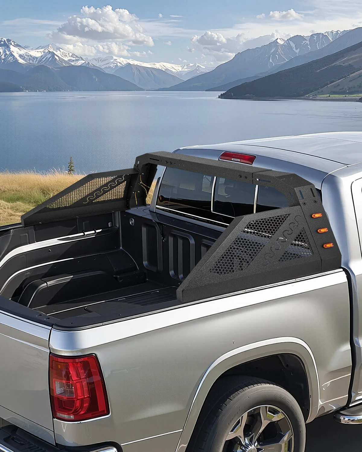 Truck Bed Roll Bar, Universal Pickup Sport Adjustable Bar Chase Rack Compatible with Full-Size Truck, Carbon Steel Construction with 6 Amber Auxiliary Lights, No Rack Included