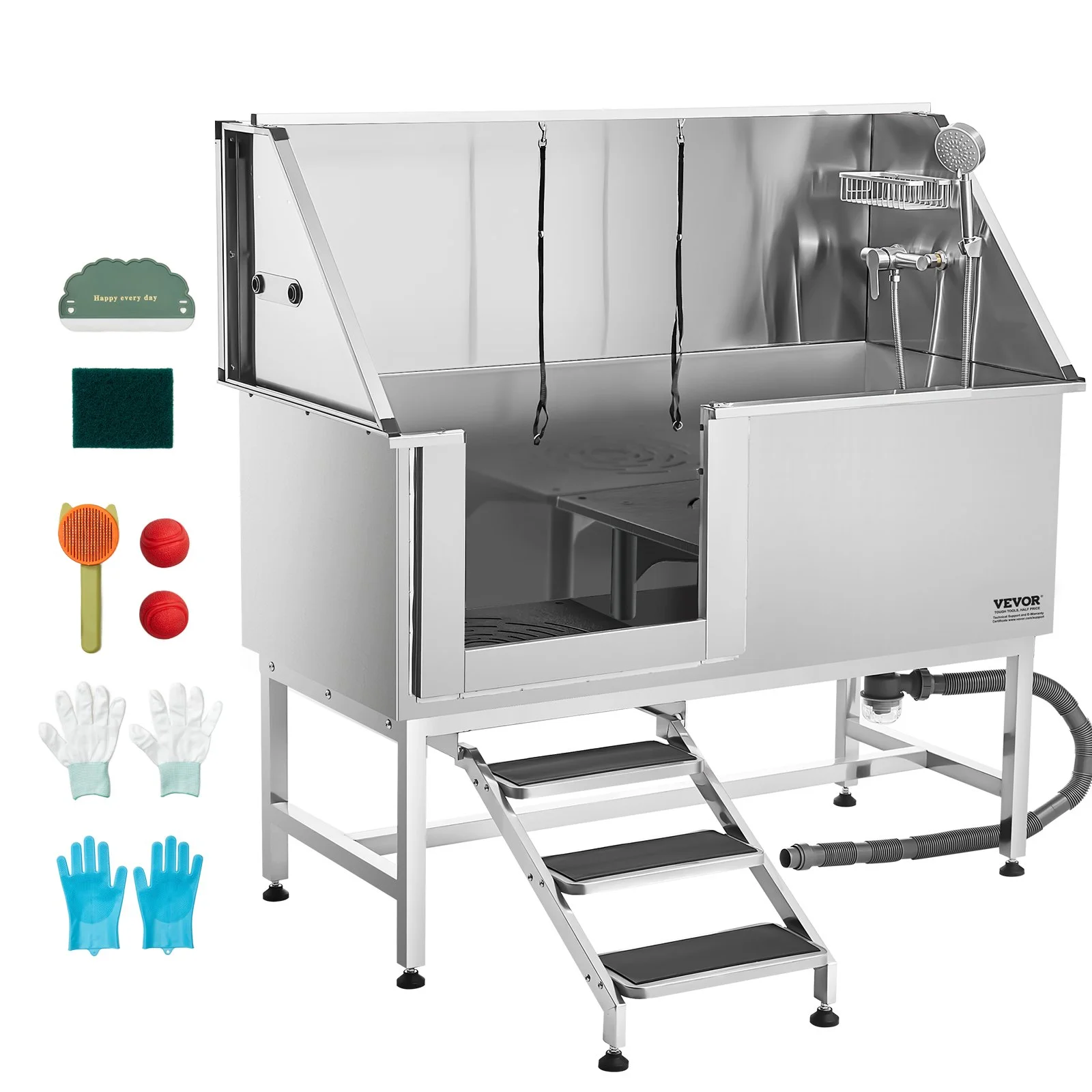 Stainless Steel Dog Washing Station, 62 inch Pet Grooming Tub w/ Stairs, PE Water Filter Board, Faucet & Showerhead & Soap Holder Dog Bathtub for Large & Medium & Small Pets (Left Door)