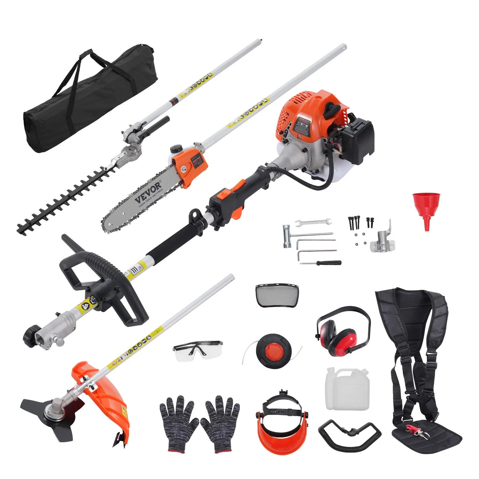 26CC 5-in-1 Multi-Functional Trimming Tools, Gas Hedge Trimmer, Weed Eater, String Trimmer, Edger, Pole Saw Chainsaw Pruner with Extension Pole
