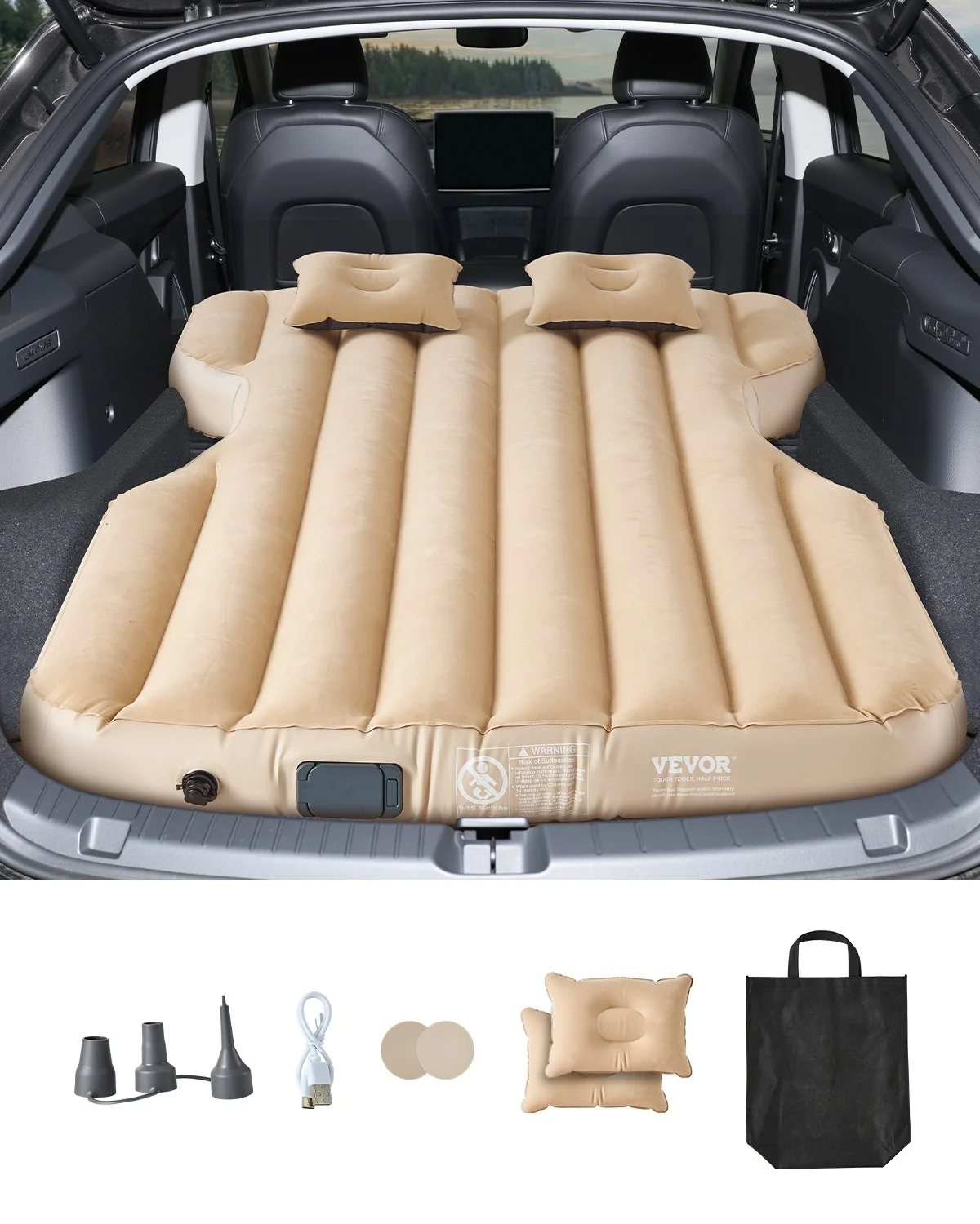 Car Air Mattress, Fits Tesla Model Y (2020-2024), Inflatable Car Camping Mattress, Flocking Thickened Blow Up Travel Beds, Durable Portable Sleeping Pad with Built in Pump, 2 Pillows, Beige