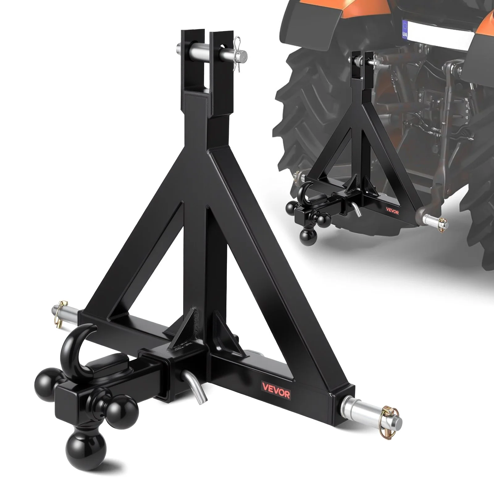 3 Point Trailer Hitch 2 in Receiver, 3pt Quick Hitch Attachment with 3 Trailer Balls, Tractor Tow Drawbar Adapter, Compatible with Kubota, Mahindra, Ford, Yanmar, John Deere, Massey Ferguson