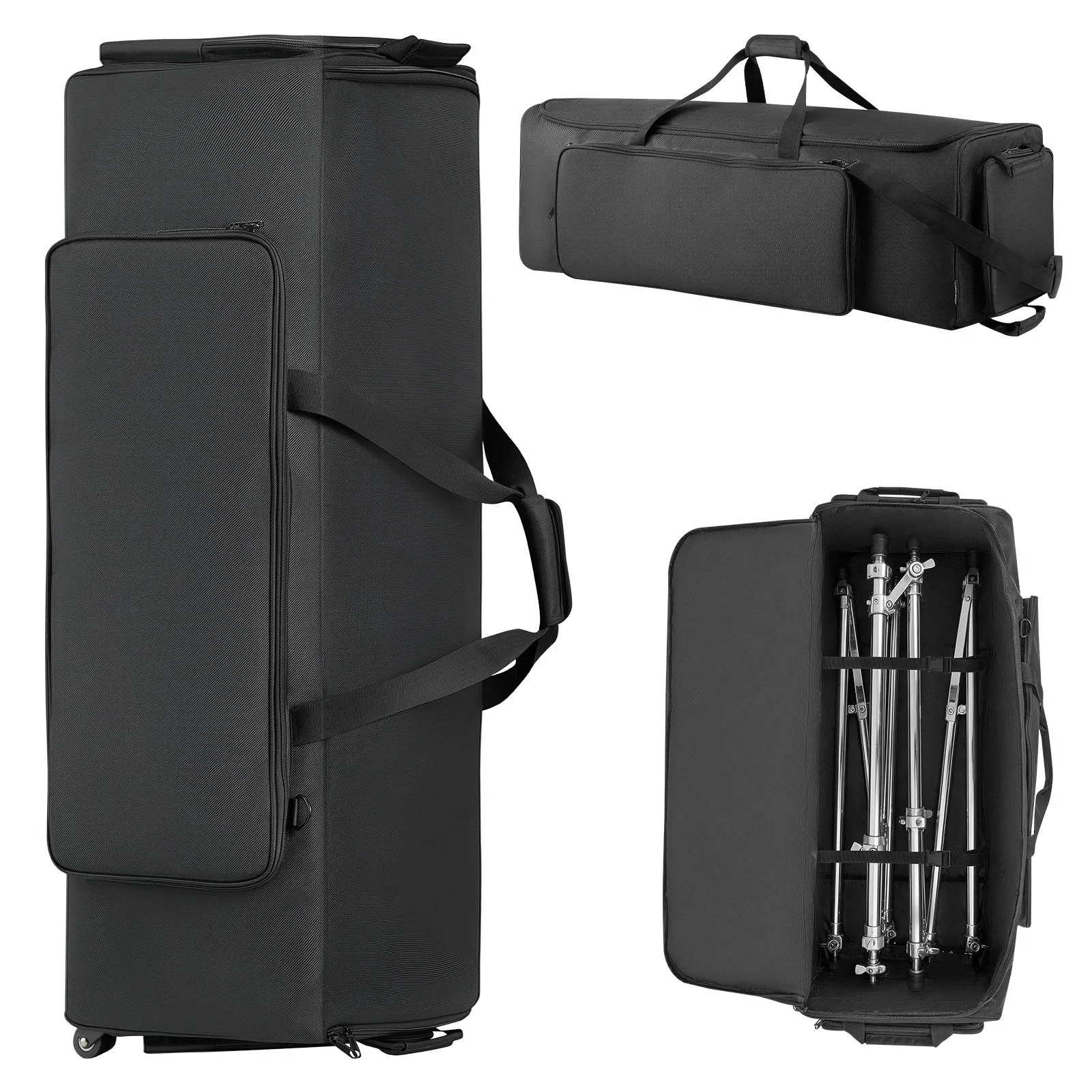 Drum Hardware Bag with Wheels, 1680D, Drum Set Equipment Carry Bag, Carrying Case with Sturdy Handle, Durable Zipper, Smooth PVC Wheels, Multiple Pockets, for Hardware and Stand Accessory, Black