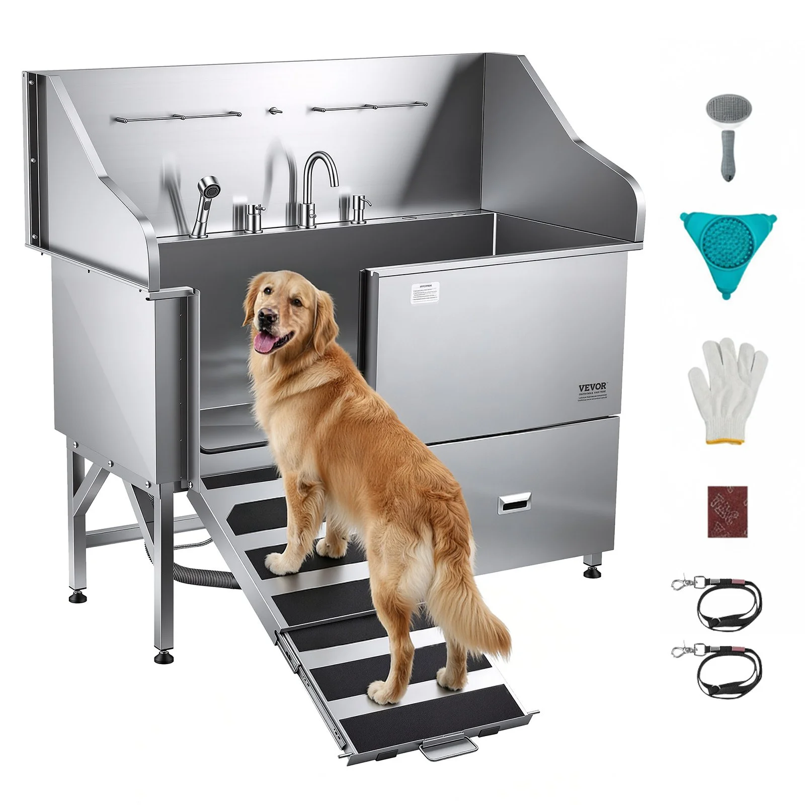 Stainless Steel Dog Washing Station, 61 inch Pet Grooming Tub w/ Ramp, Water Filter Board, Faucet & Showerhead & Leash Dog Bathtub for Large & Medium & Small Pets (Right Door)