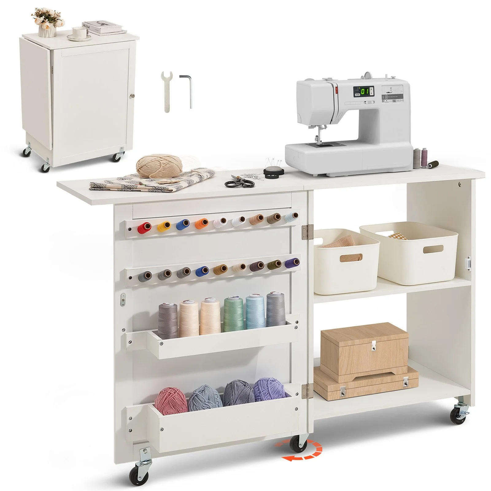 Folding Sewing Table, Multipurpose Sewing Machine Table with Compact Design, Wheels, Shelves, Storage Trays, Wooden Pegs, and Magnetic Doors, Sewing Desk Cabinet for Sewing Machine, White