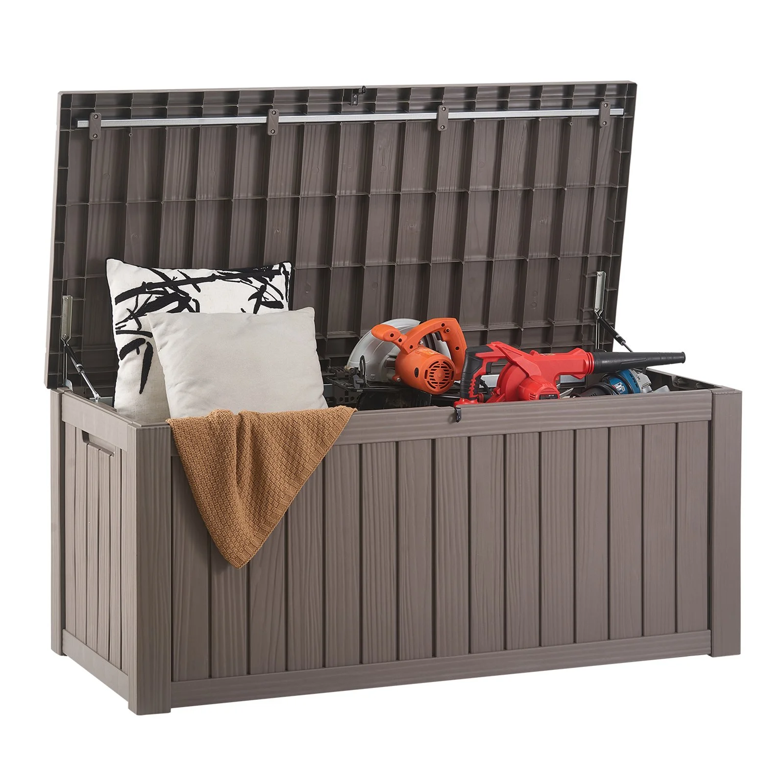 Outdoor Storage Box, 120 Gallon Resin Deck Box, Lockable Backyard Toy and Towel Storage Cabinet Waterproof, for Patio Furniture Cushions, Garden Tools, Pool Supplies & Package Delivery (Grey)