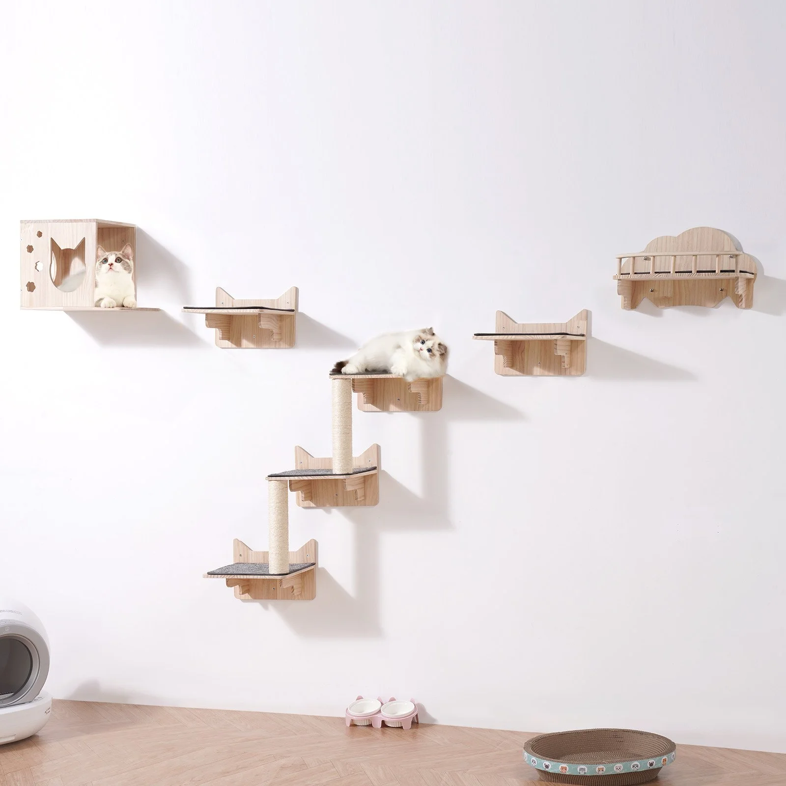 Wall Mounted Cat Shelves, Cat Wall Shelves and Perches with Jumping Boards, Nest, Barrier Board & Cat Tree, Cat Floating Furniture up to 40 lbs for Sleeping, Playing, Climbing, Set of 5