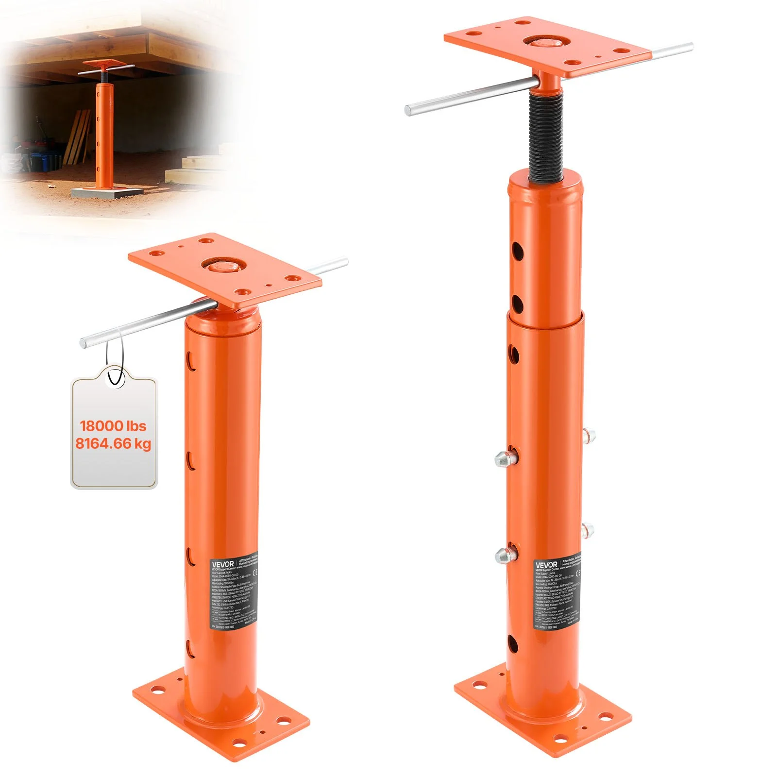House Floor Jacks, 2 Pack 19-36 Inch Height Range, 18000 lbs Max Load Capacity, Adjustable Support Beam Basement Jack Post Pole for Leveling, Lift Steel Telescoping Post for Temporary Support