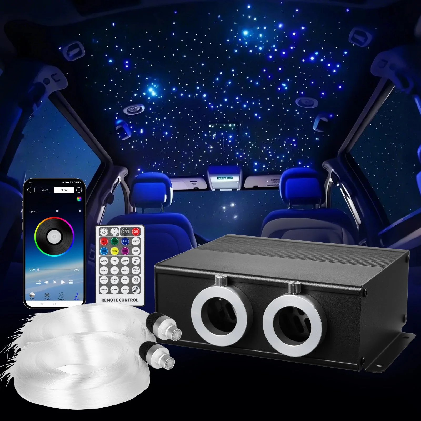 Starlight Headliner Kit, 900 pcs 0.03 in 9.8 ft, 20W Twinkle Fiber Optic Star Ceiling Lights for Car, Bluetooth APP, Remote Control, Sound Activated, RGBW Light Engine, for Home Bed Room Decor