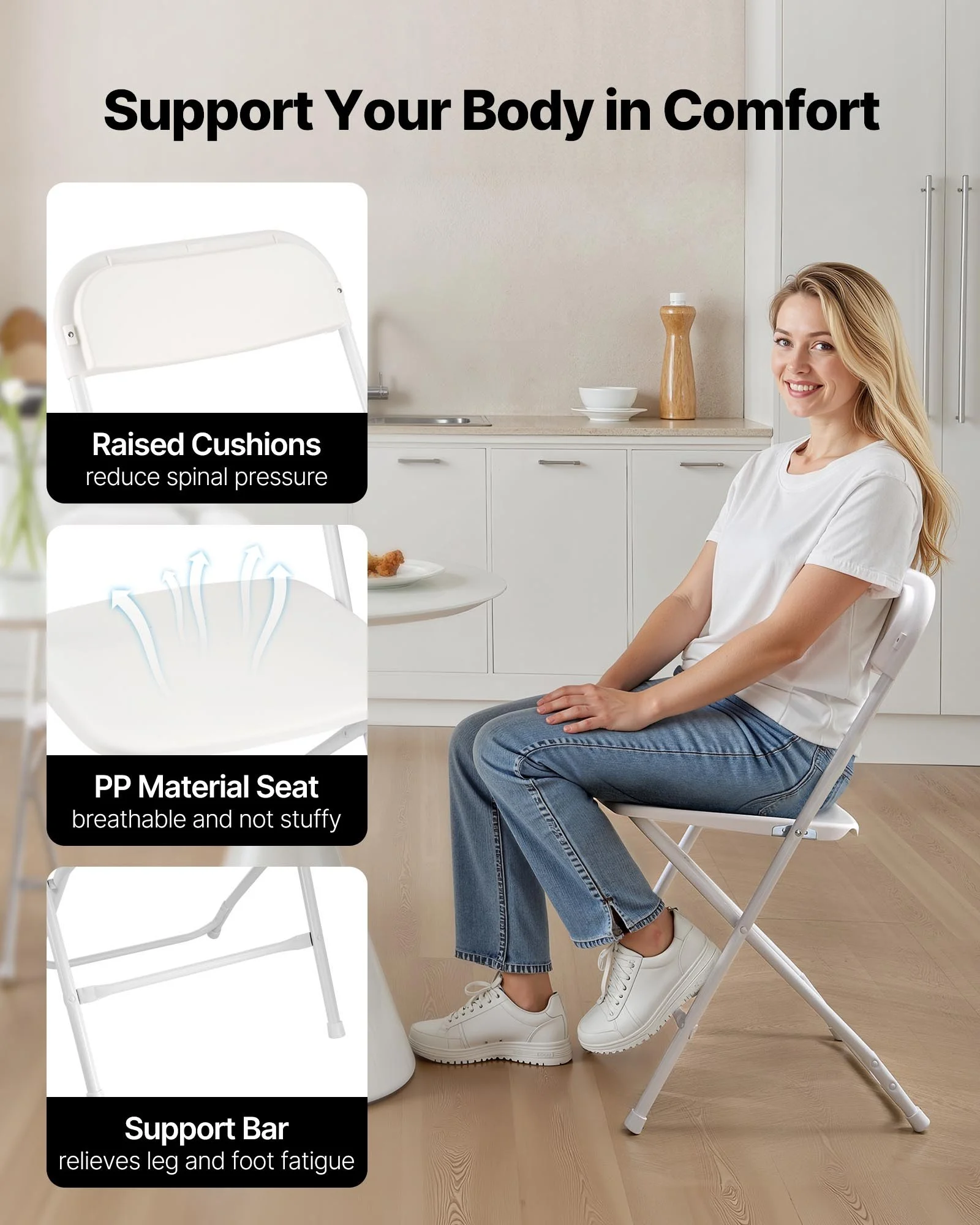 6 Pack Folding Chairs, Foldable Plastic Chairs with Heavy Duty Metal Frame, Portable Folding Card Table Chairs, Stackable Indoor Outdoor Seats for Home, Yard, Garden, Parties, Events, White - Image 9