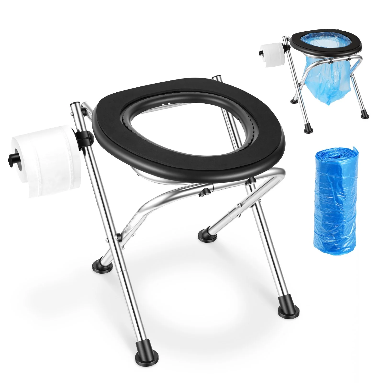 Portable Toilet for Camping, 350 lbs Weight Capacity, Stainless Steel Foldable Camp Travel Toilet with Soft Seat for Adults, Suitable for Truckers, RV Travel, Camping, Road Trips, Outdoor Use